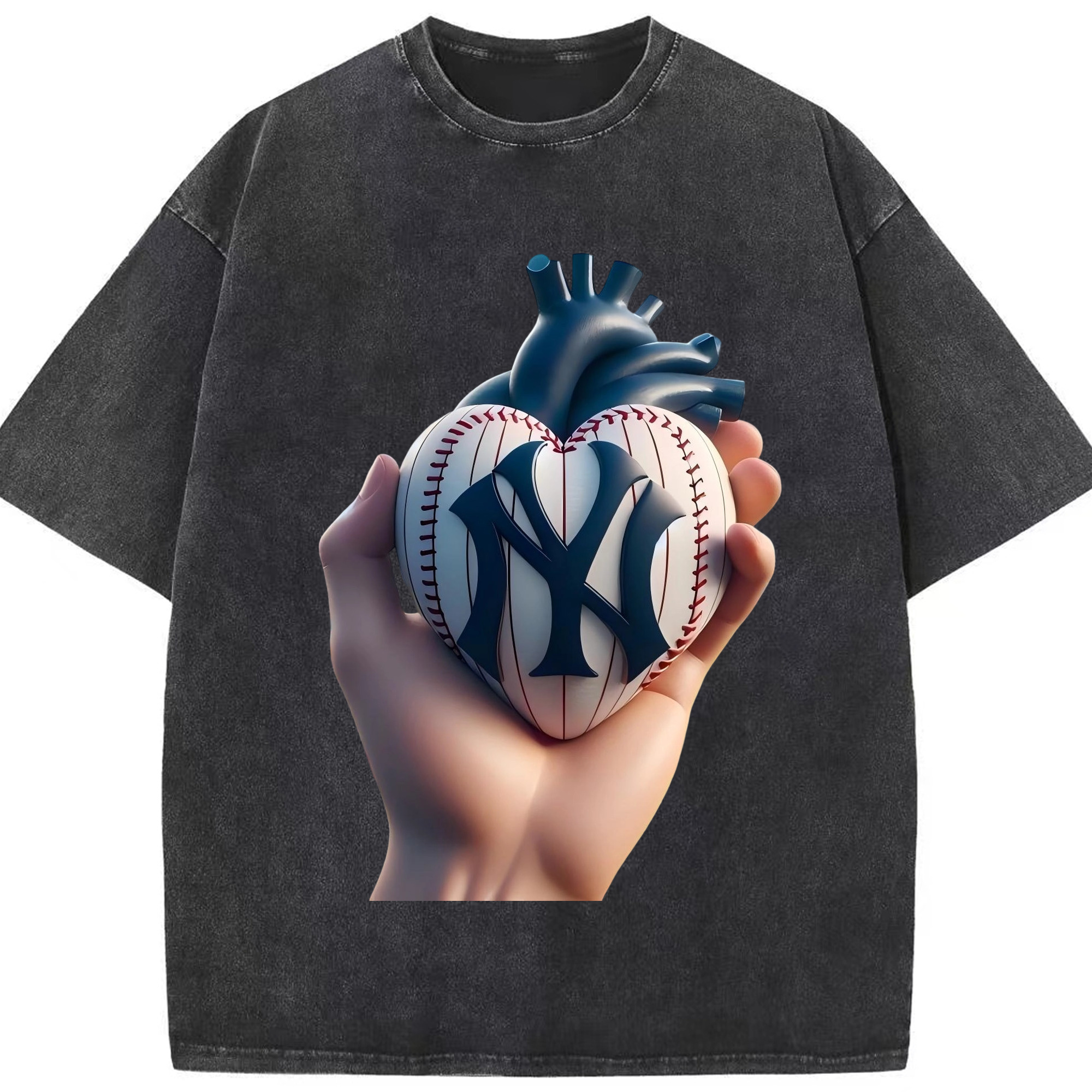 New York Yankees Heart Washed Vintage Look 230g Cotton Oversized T-Shirt With Front Heat Transfer Print – Soft, Lightweight, Stylish Fit – Comfortable Casual Wear For Sports & Everyday Use
