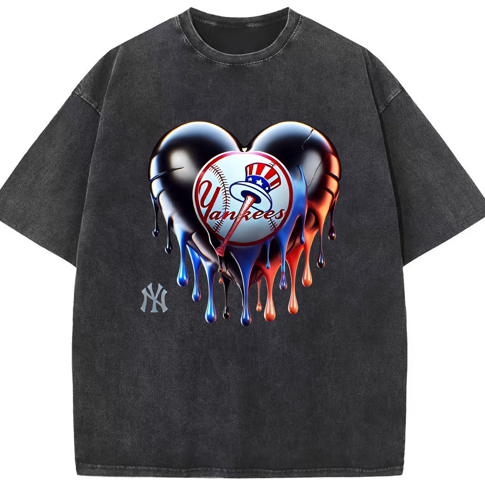 New York Yankees Heart Washed Vintage Look 230g Cotton Oversized T-Shirt With Front Heat Transfer Print – Soft, Lightweight, Stylish Fit – Comfortable Casual Wear For Sports & Everyday Use