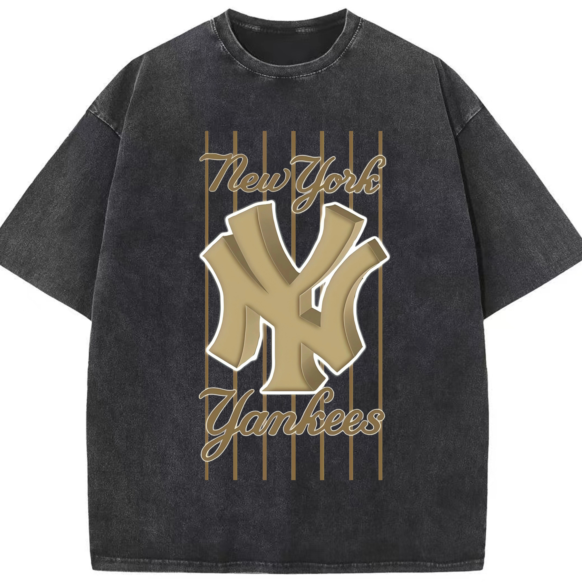 New York Yankees Pinstripe Golden Logo Washed Vintage Look 230g Cotton Oversized T-Shirt With Front Heat Transfer Print – Soft, Lightweight, Stylish Fit – Comfortable Casual Wear For Sports & Everyday Use