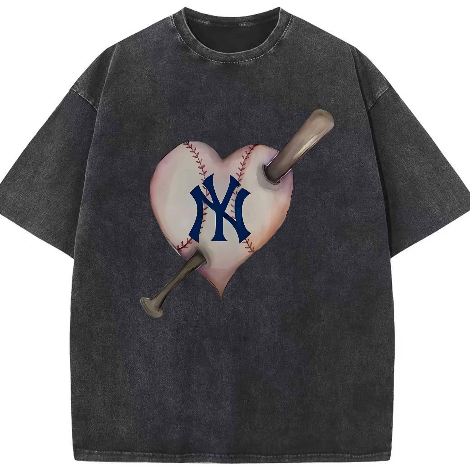 New York Yankees Heart Washed Vintage Look 230g Cotton Oversized T-Shirt With Front Heat Transfer Print – Soft, Lightweight, Stylish Fit – Comfortable Casual Wear For Sports & Everyday Use