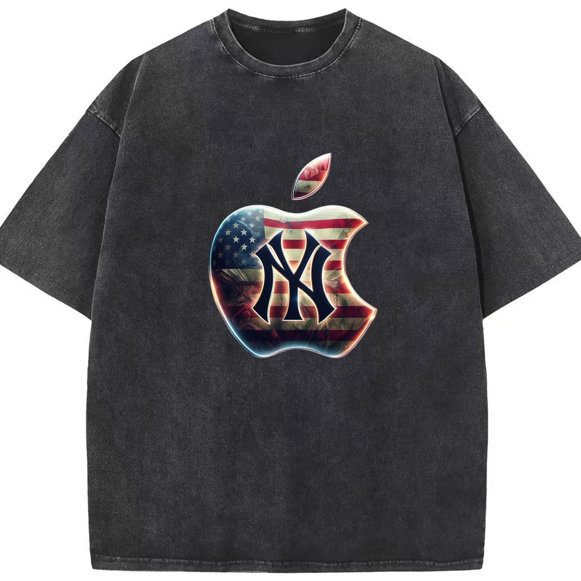 New York Yankees Apple US Flag Washed Vintage Look 230g Cotton Oversized T-Shirt With Front Heat Transfer Print – Soft, Lightweight, Stylish Fit – Comfortable Casual Wear For Sports & Everyday Use