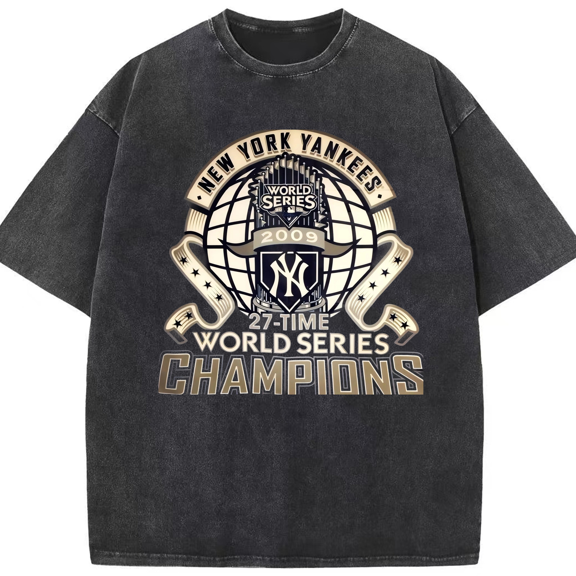 New York Yankees 2009 27th WS Champions Golden Washed Vintage Look 230g Cotton Oversized T-Shirt With Front Heat Transfer Print – Soft, Lightweight, Stylish Fit – Comfortable Casual Wear For Sports & Everyday Use