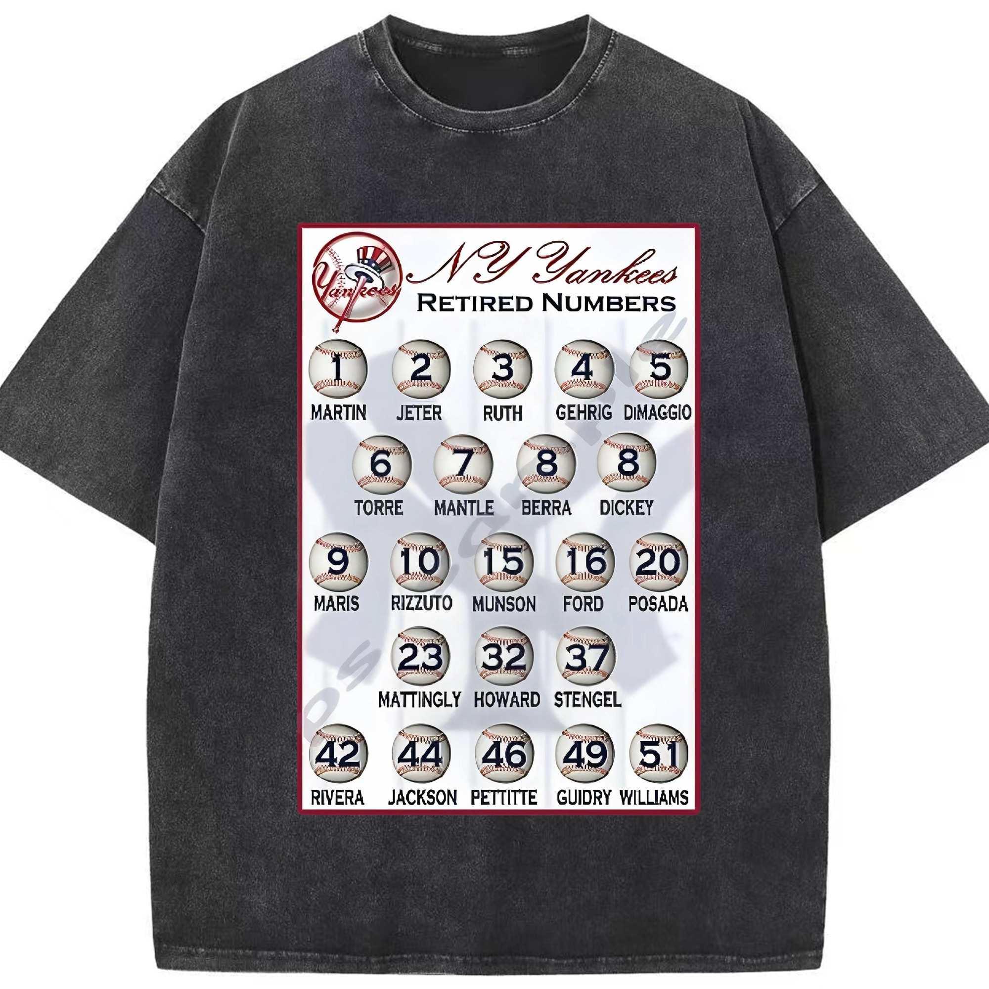 New York Yankees Retired Numbers Washed Vintage Look 230g Cotton Oversized T-Shirt With Front Heat Transfer Print – Soft, Lightweight, Stylish Fit – Comfortable Casual Wear For Sports & Everyday Use