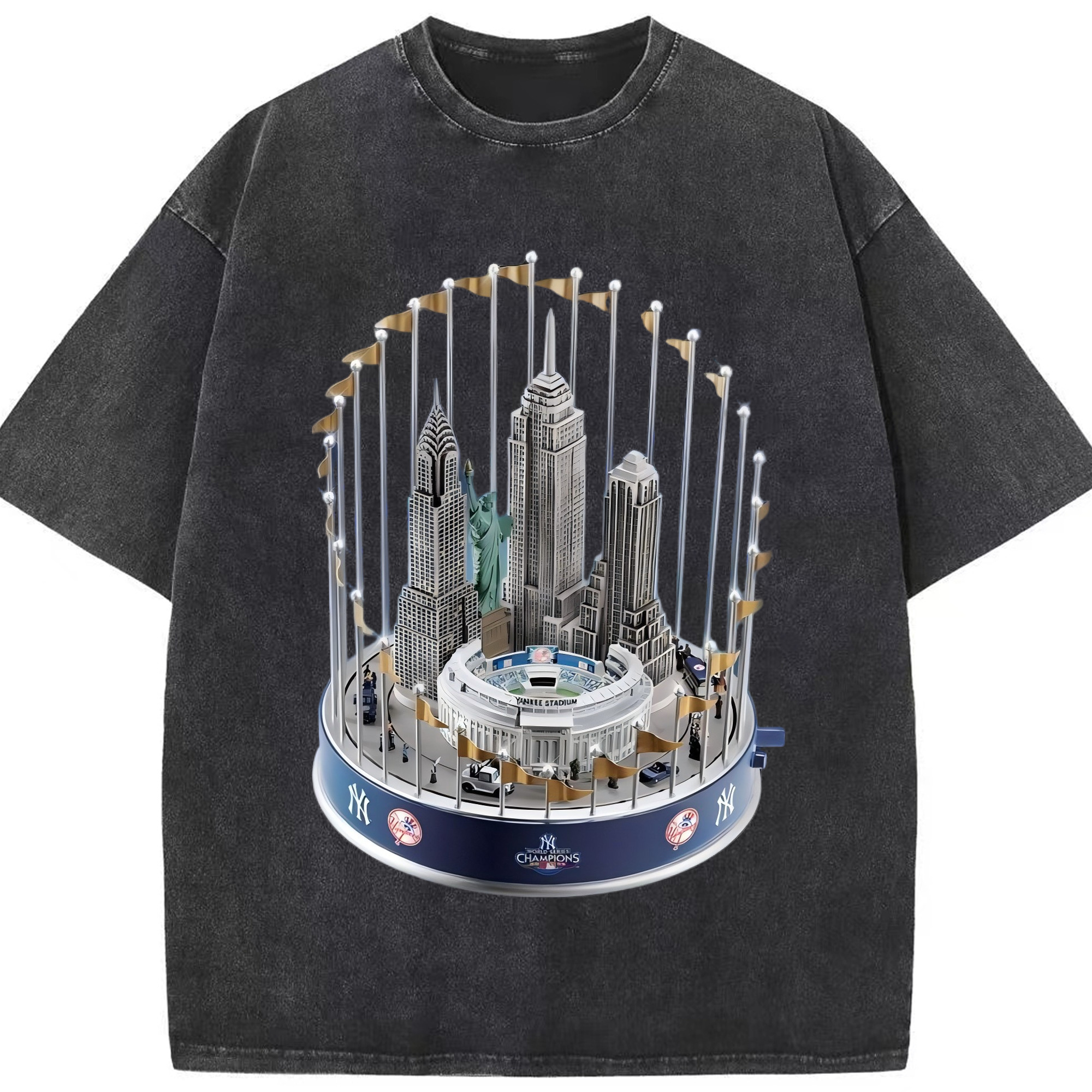 New York Yankees WS Champions Cup Washed Vintage Look 230g Cotton Oversized T-Shirt With Front Heat Transfer Print – Soft, Lightweight, Stylish Fit – Comfortable Casual Wear For Sports & Everyday Use