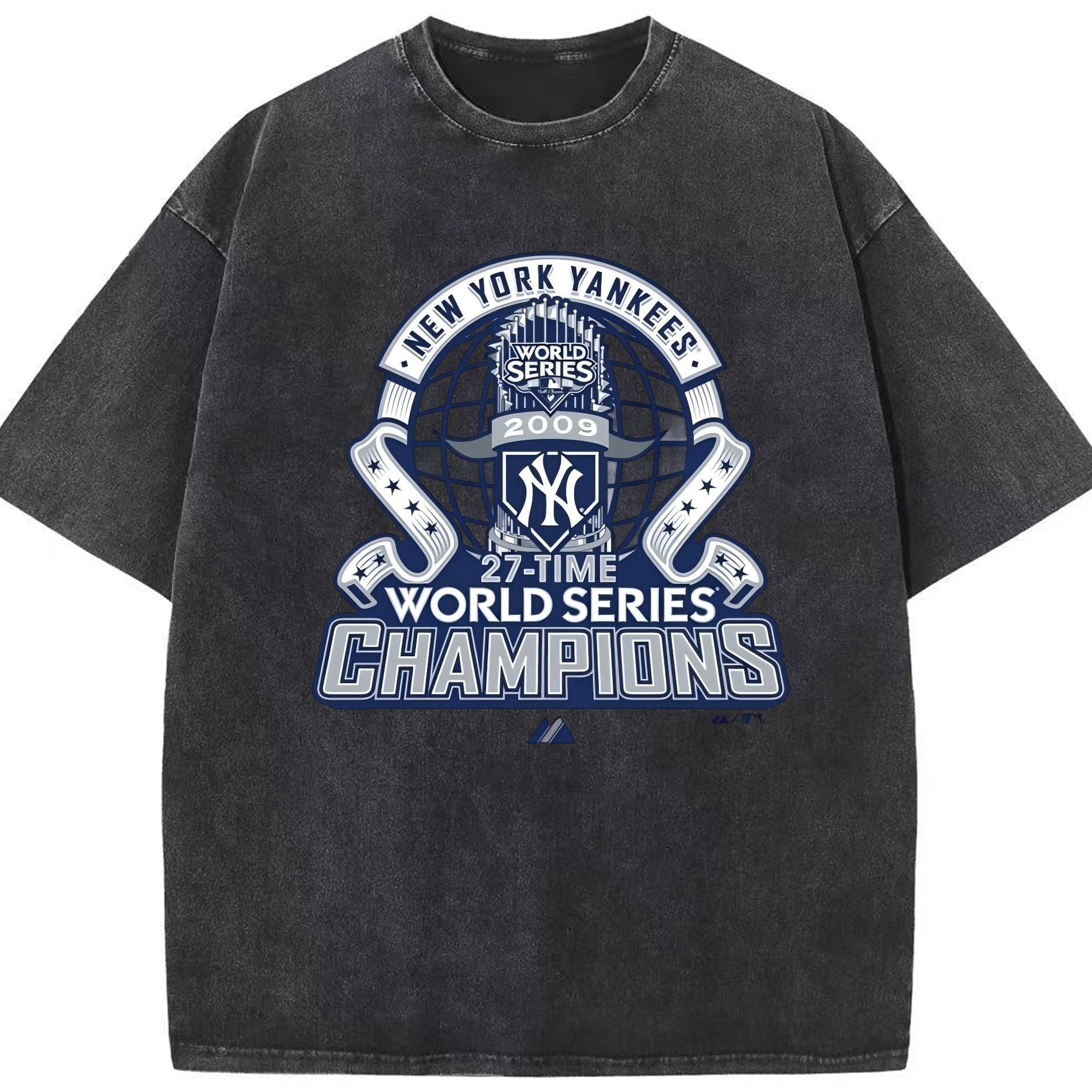 New York Yankees 2009 27th WS Champions Blue Washed Vintage Look 230g Cotton Oversized T-Shirt With Front Heat Transfer Print – Soft, Lightweight, Stylish Fit – Comfortable Casual Wear For Sports & Everyday Use