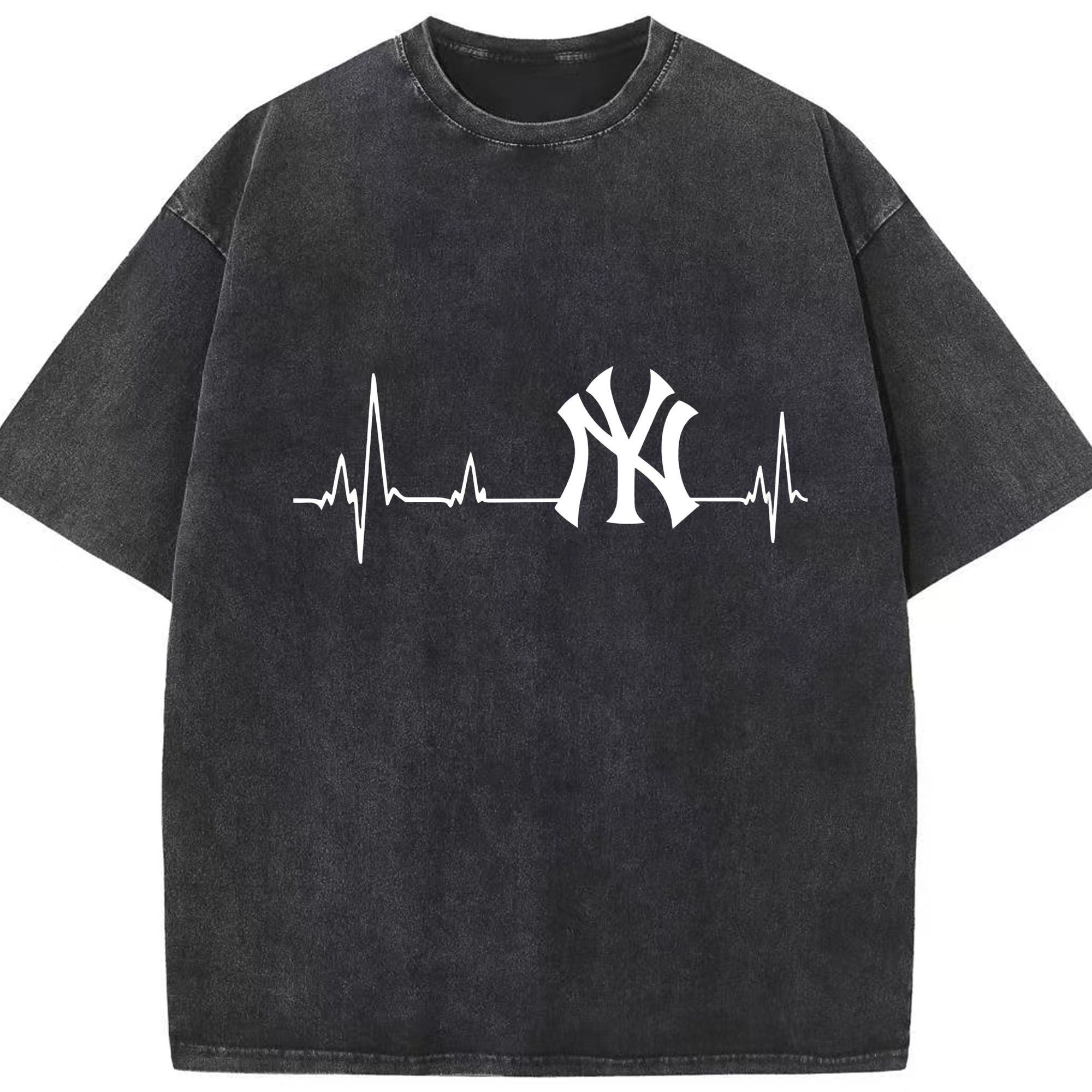 New York Yankees EKG Line Washed Vintage Look 230g Cotton Oversized T-Shirt With Front Heat Transfer Print – Soft, Lightweight, Stylish Fit – Comfortable Casual Wear For Sports & Everyday Use