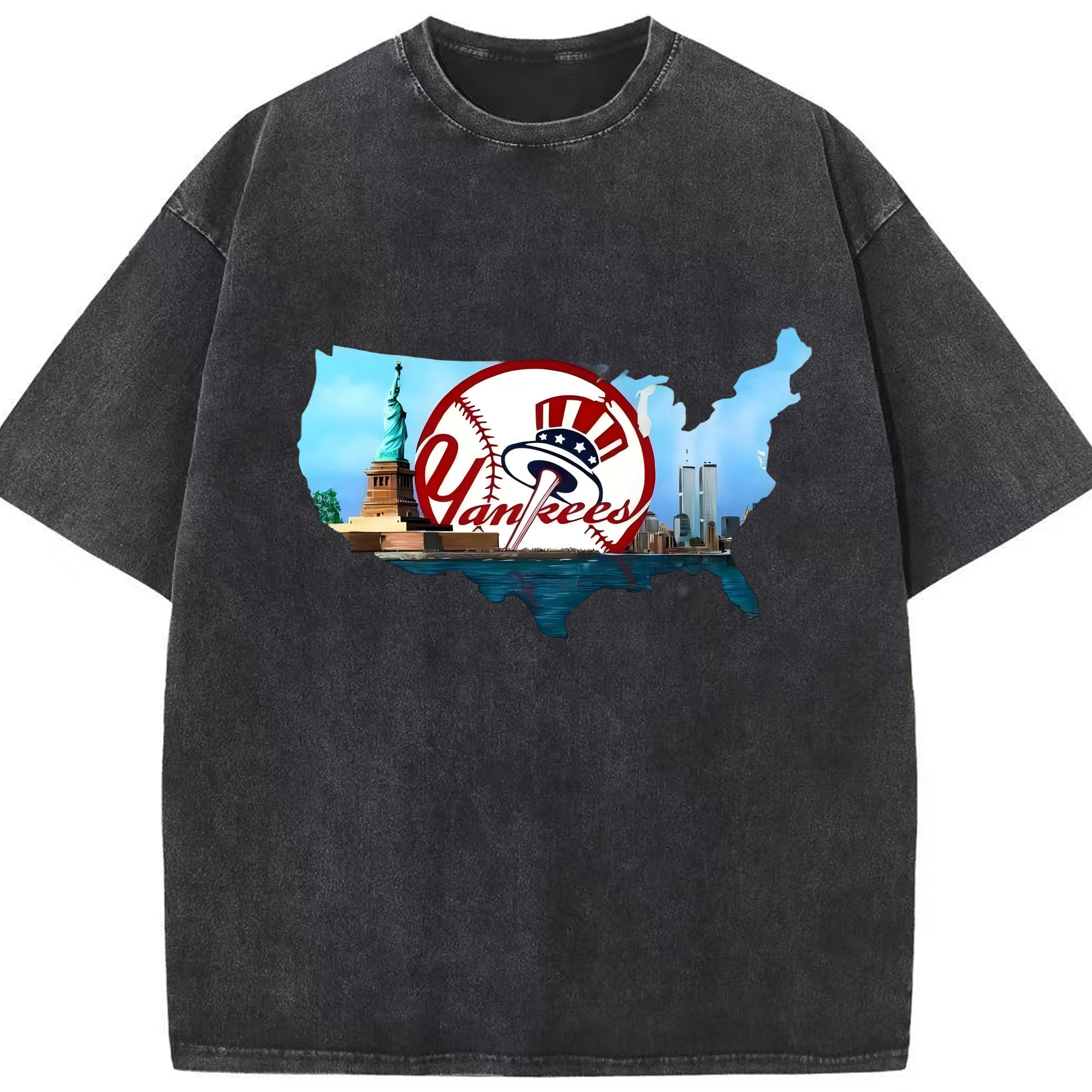 New York Yankees Whole USA Washed Vintage Look 230g Cotton Oversized T-Shirt With Front Heat Transfer Print – Soft, Lightweight, Stylish Fit – Comfortable Casual Wear For Sports & Everyday Use