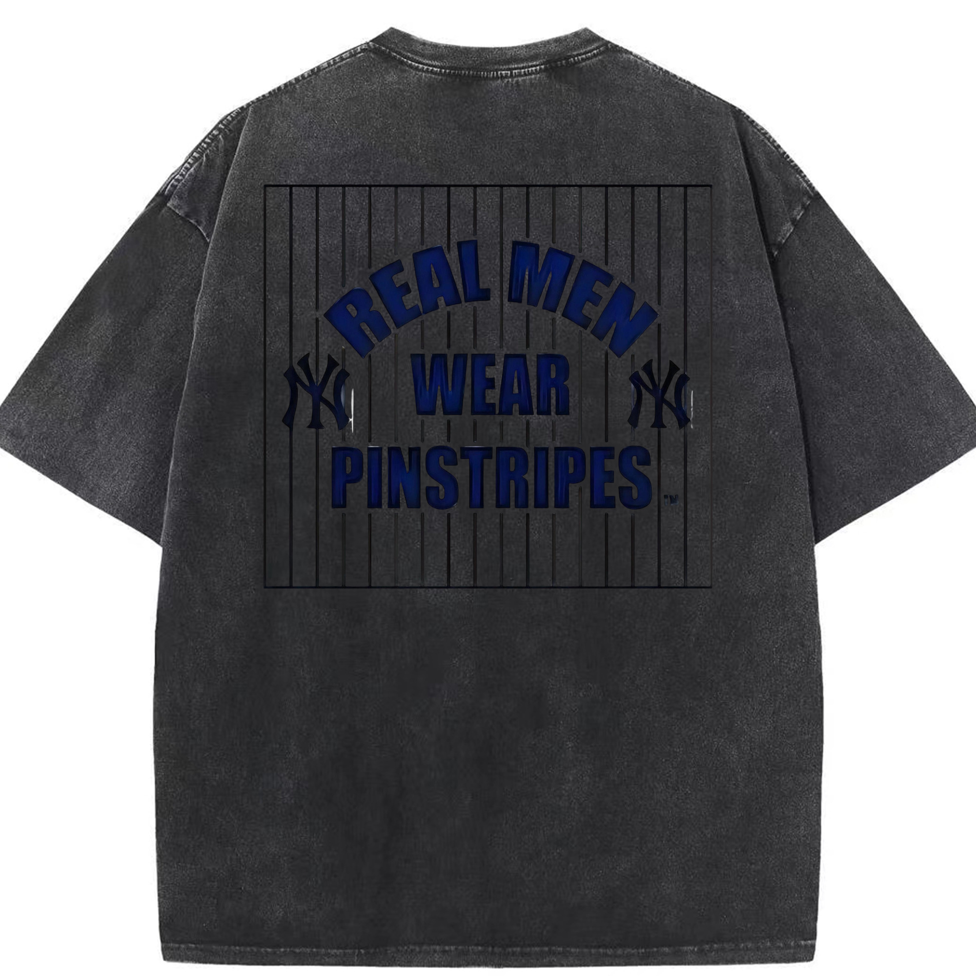New York Yankees Real Men Wear Pinstripes Washed Vintage 230g Cotton Oversized T-Shirt With Back Heat Transfer Print – Soft, Lightweight & Stylish – Comfortable Casual Wear For Sports & Everyday Use