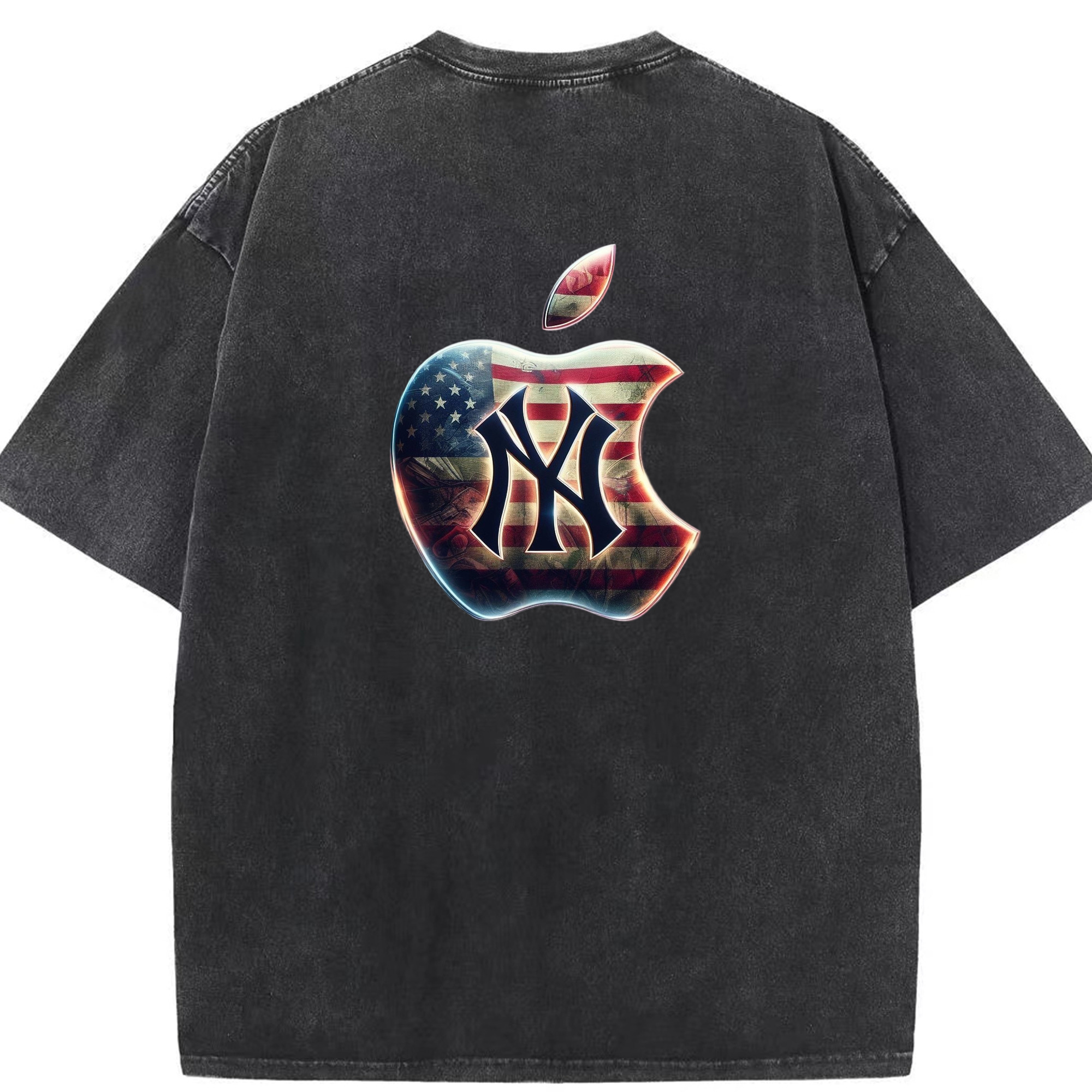 New York Yankees Apple US Flag Washed Vintage 230g Cotton Oversized T-Shirt With Back Heat Transfer Print – Soft, Lightweight & Stylish – Comfortable Casual Wear For Sports & Everyday Use