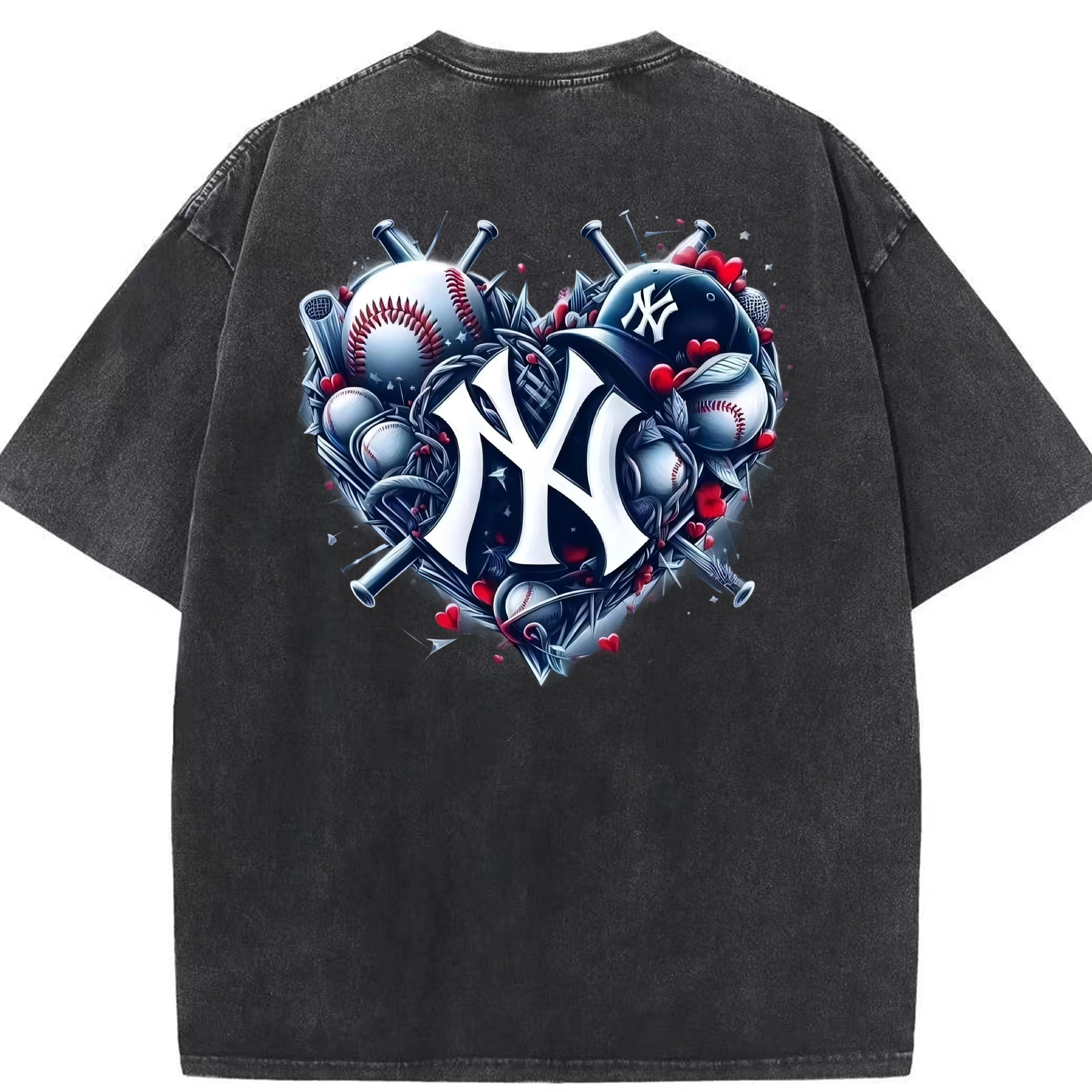 New York Yankees Heart Washed Vintage 230g Cotton Oversized T-Shirt With Back Heat Transfer Print – Soft, Lightweight & Stylish – Comfortable Casual Wear For Sports & Everyday Use