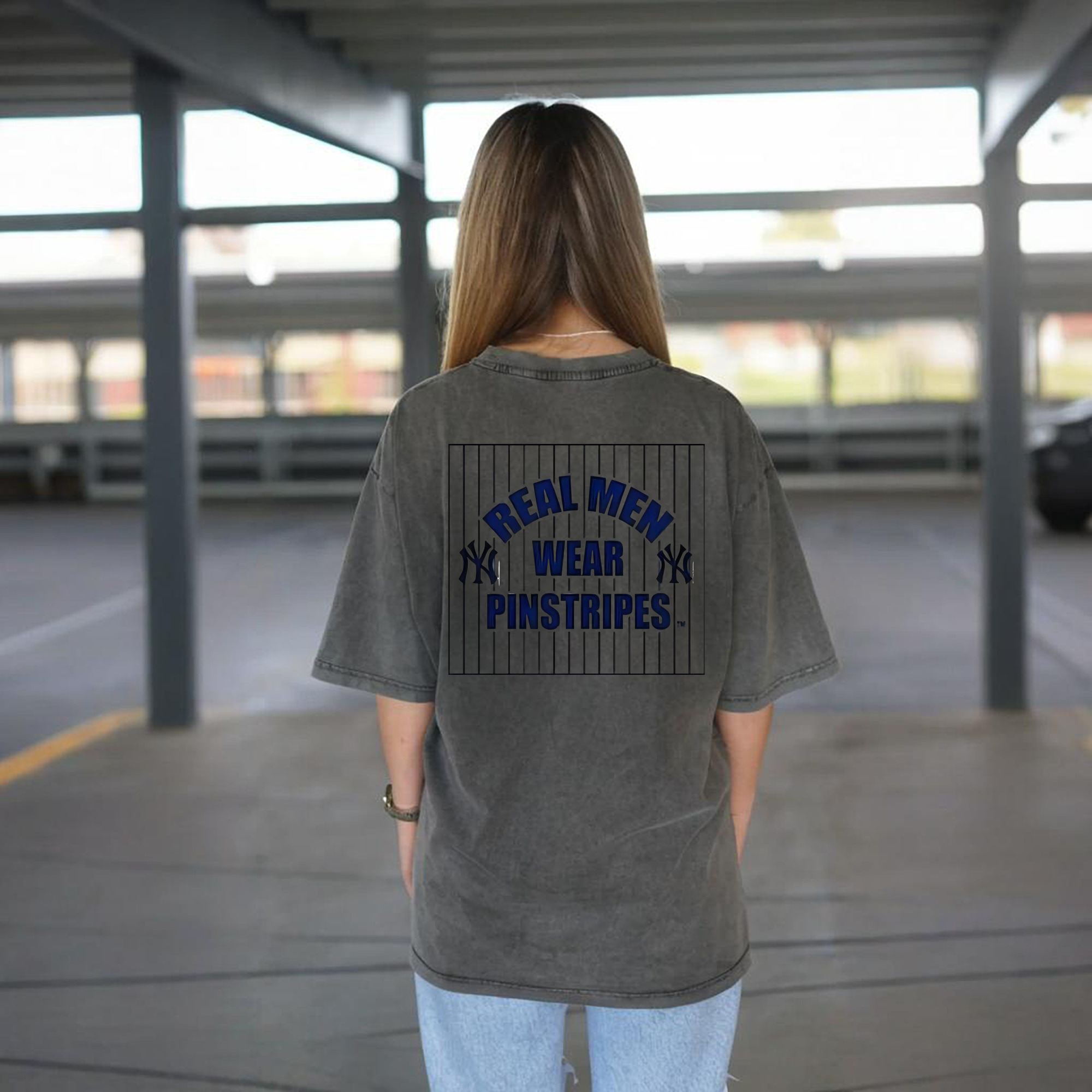 New York Yankees Real Men Wear Pinstripes Washed Vintage 230g Cotton Oversized T-Shirt With Back Heat Transfer Print – Soft, Lightweight & Stylish – Comfortable Casual Wear For Sports & Everyday Use