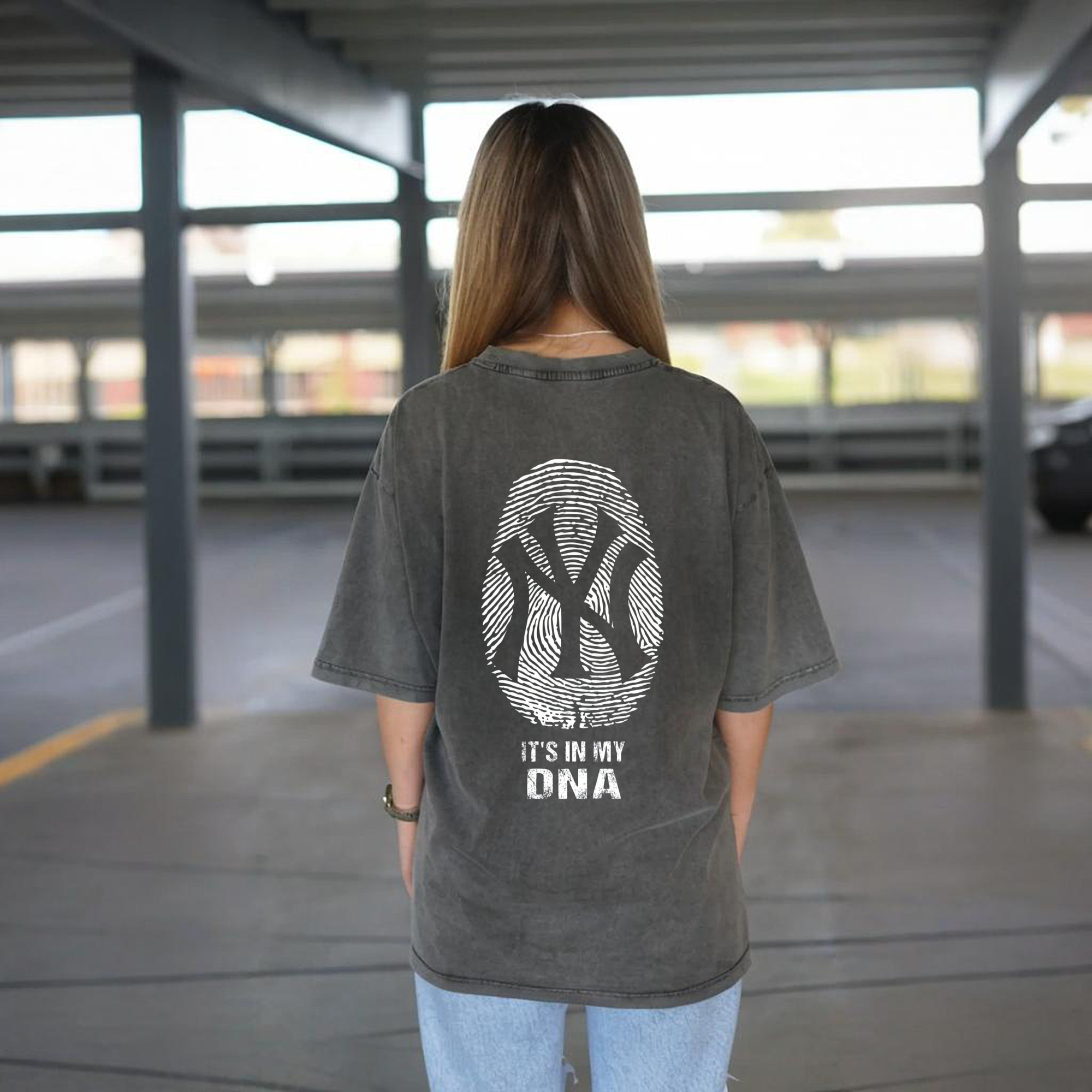New York Yankees It's In My DNA Washed Vintage 230g Cotton Oversized T-Shirt With Back Heat Transfer Print – Soft, Lightweight & Stylish – Comfortable Casual Wear For Sports & Everyday Use