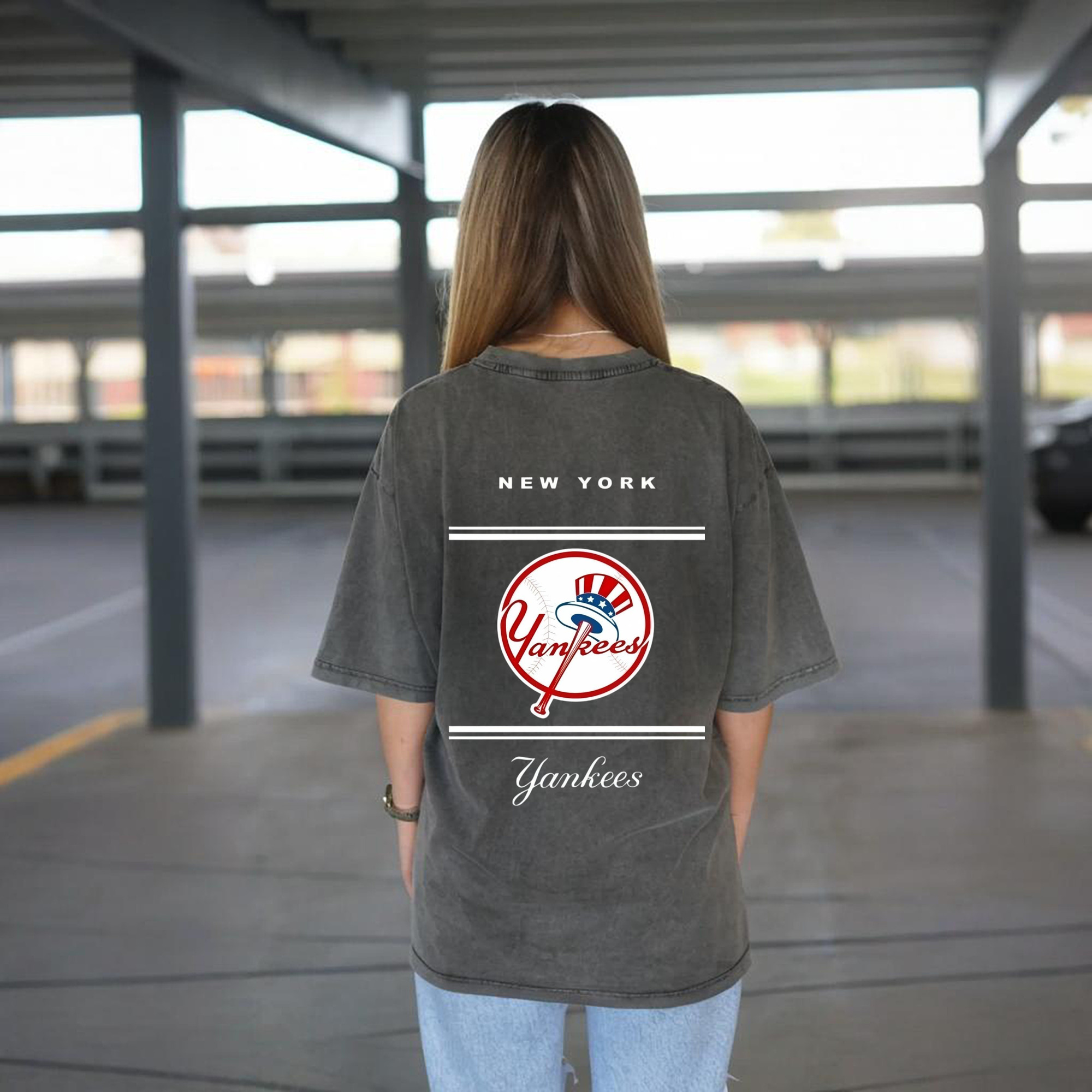 New York Yankees Logo Washed Vintage 230g Cotton Oversized T-Shirt With Back Heat Transfer Print – Soft, Lightweight & Stylish – Comfortable Casual Wear For Sports & Everyday Use