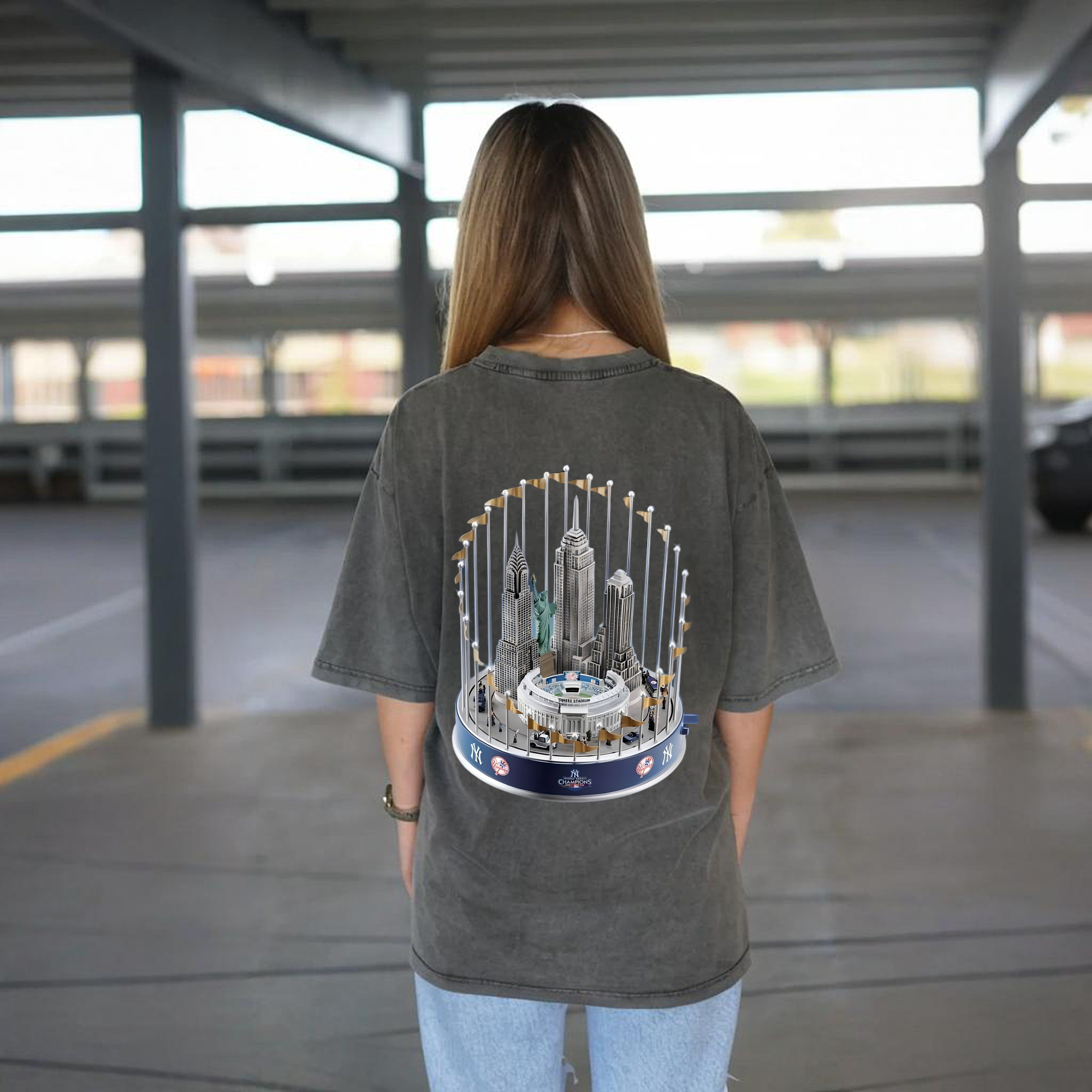 New York Yankees WS Champions Cup Washed Vintage 230g Cotton Oversized T-Shirt With Back Heat Transfer Print – Soft, Lightweight & Stylish – Comfortable Casual Wear For Sports & Everyday Use