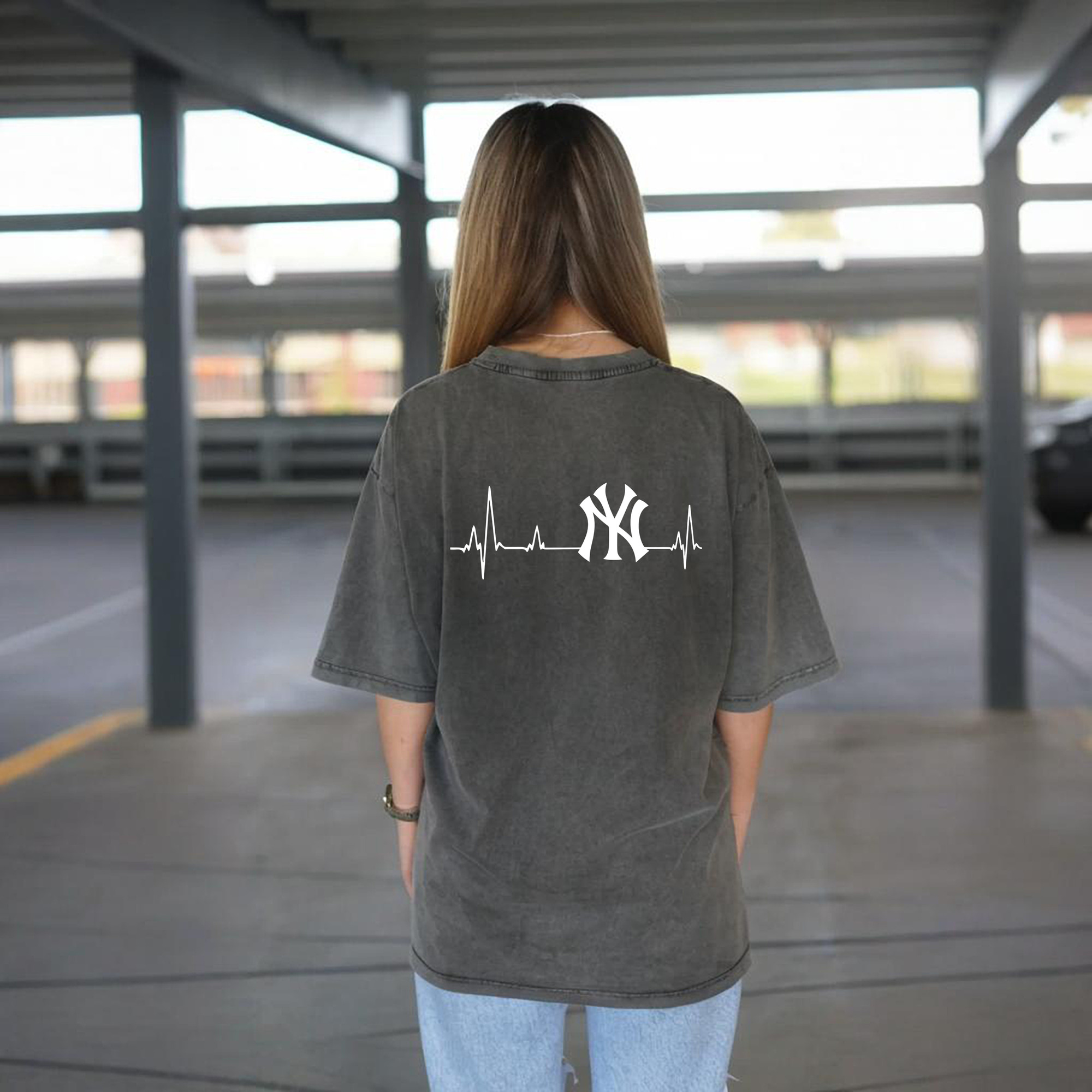 New York Yankees EKG Line Washed Vintage 230g Cotton Oversized T-Shirt With Back Heat Transfer Print – Soft, Lightweight & Stylish – Comfortable Casual Wear For Sports & Everyday Use