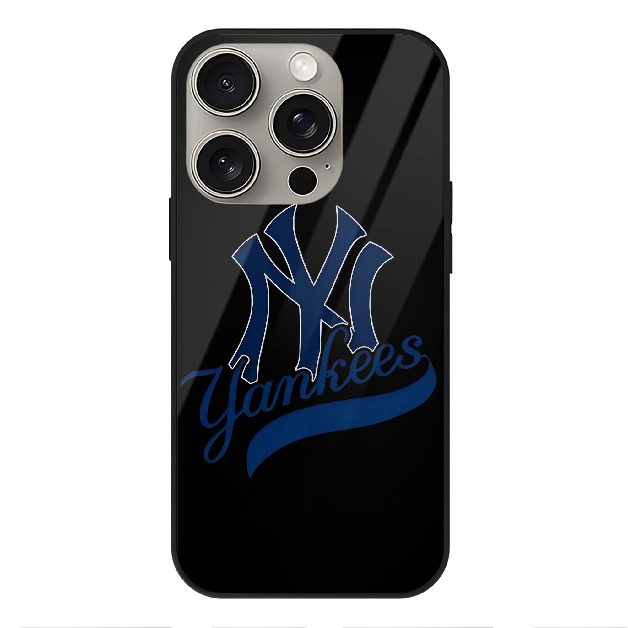 New York Yankees Logo IPhone 15 Pro Mirror Phone Case – UV Printed Glass + TPU – Scratch-Resistant, Wireless Charging Compatible, Precise Fit & Stylish Design