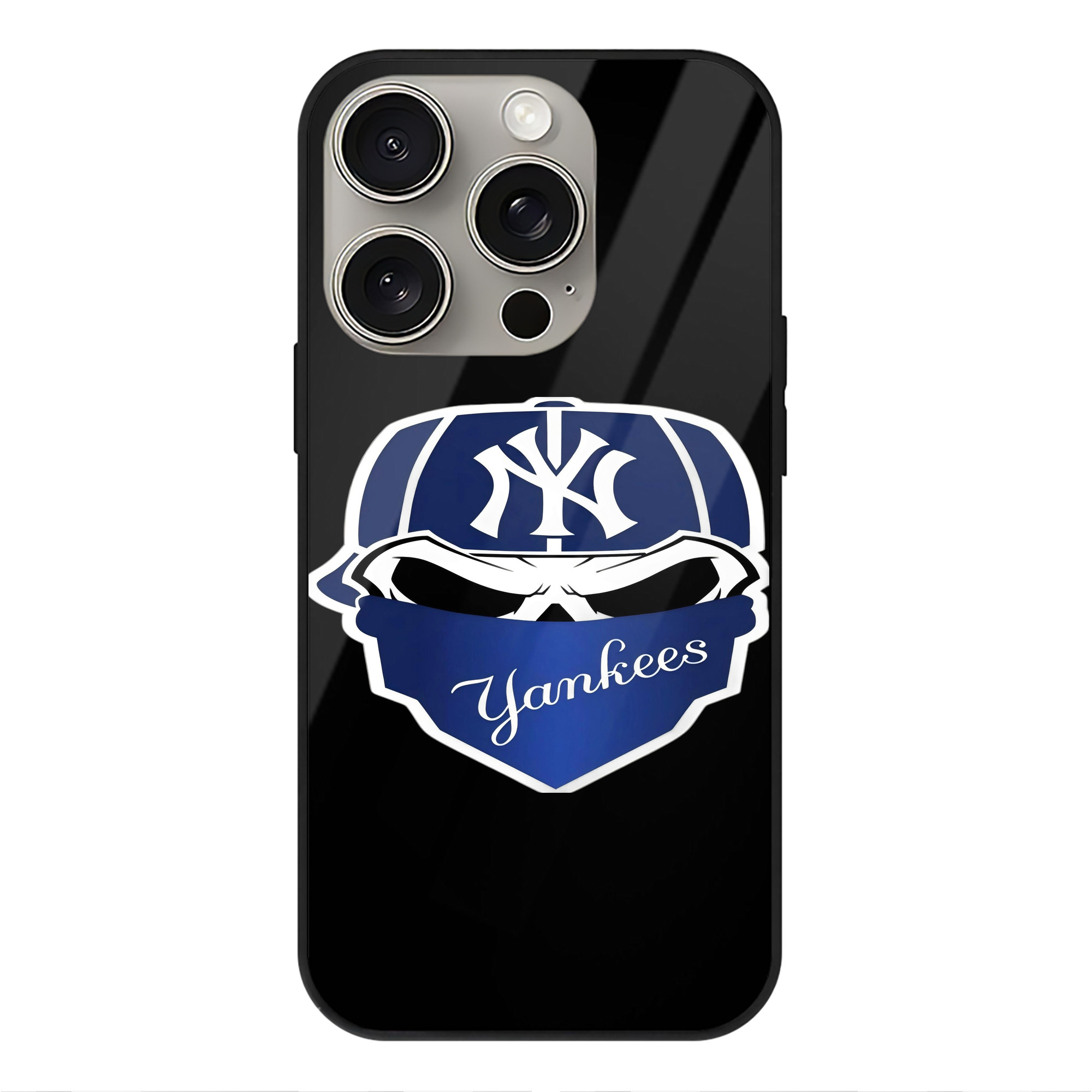 New York Yankees Skull IPhone 15 Pro Mirror Phone Case – UV Printed Glass + TPU – Scratch-Resistant, Wireless Charging Compatible, Precise Fit & Stylish Design
