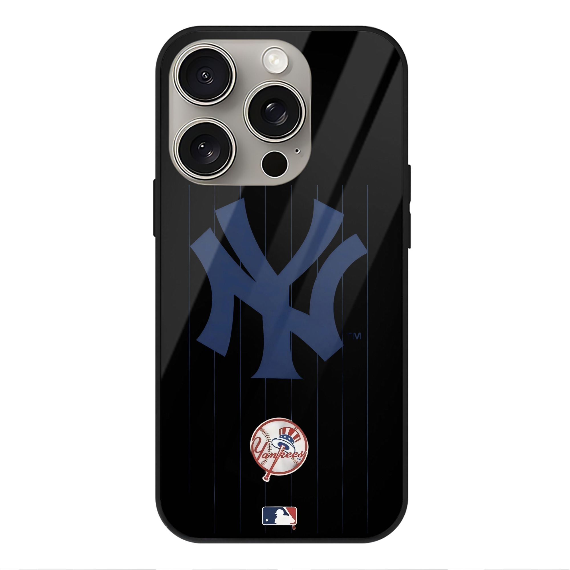 New York Yankees Pinstripe Logo IPhone 15 Pro Mirror Phone Case – UV Printed Glass + TPU – Scratch-Resistant, Wireless Charging Compatible, Precise Fit & Stylish Design