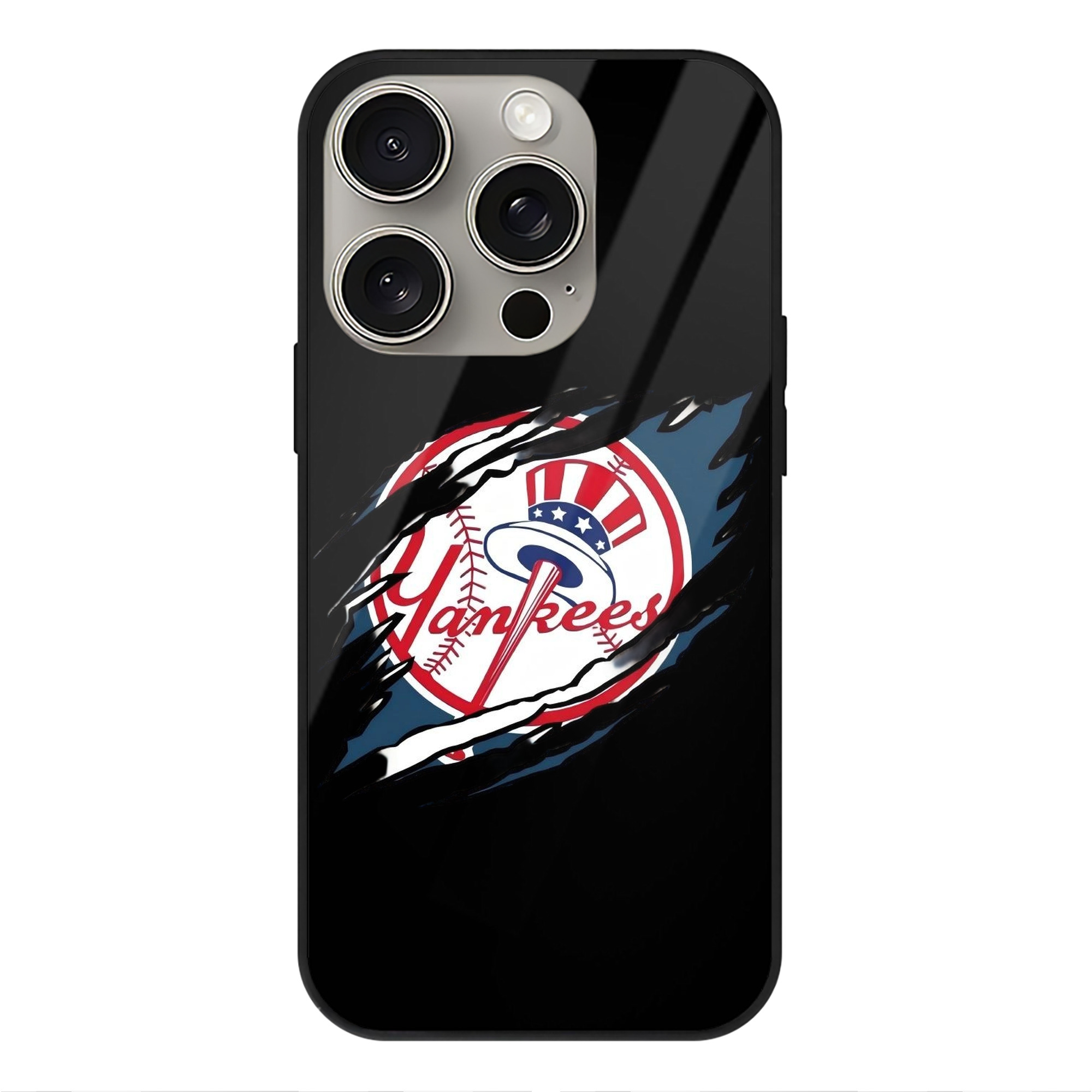 New York Yankees Claw Logo IPhone 15 Pro Mirror Phone Case – UV Printed Glass + TPU – Scratch-Resistant, Wireless Charging Compatible, Precise Fit & Stylish Design