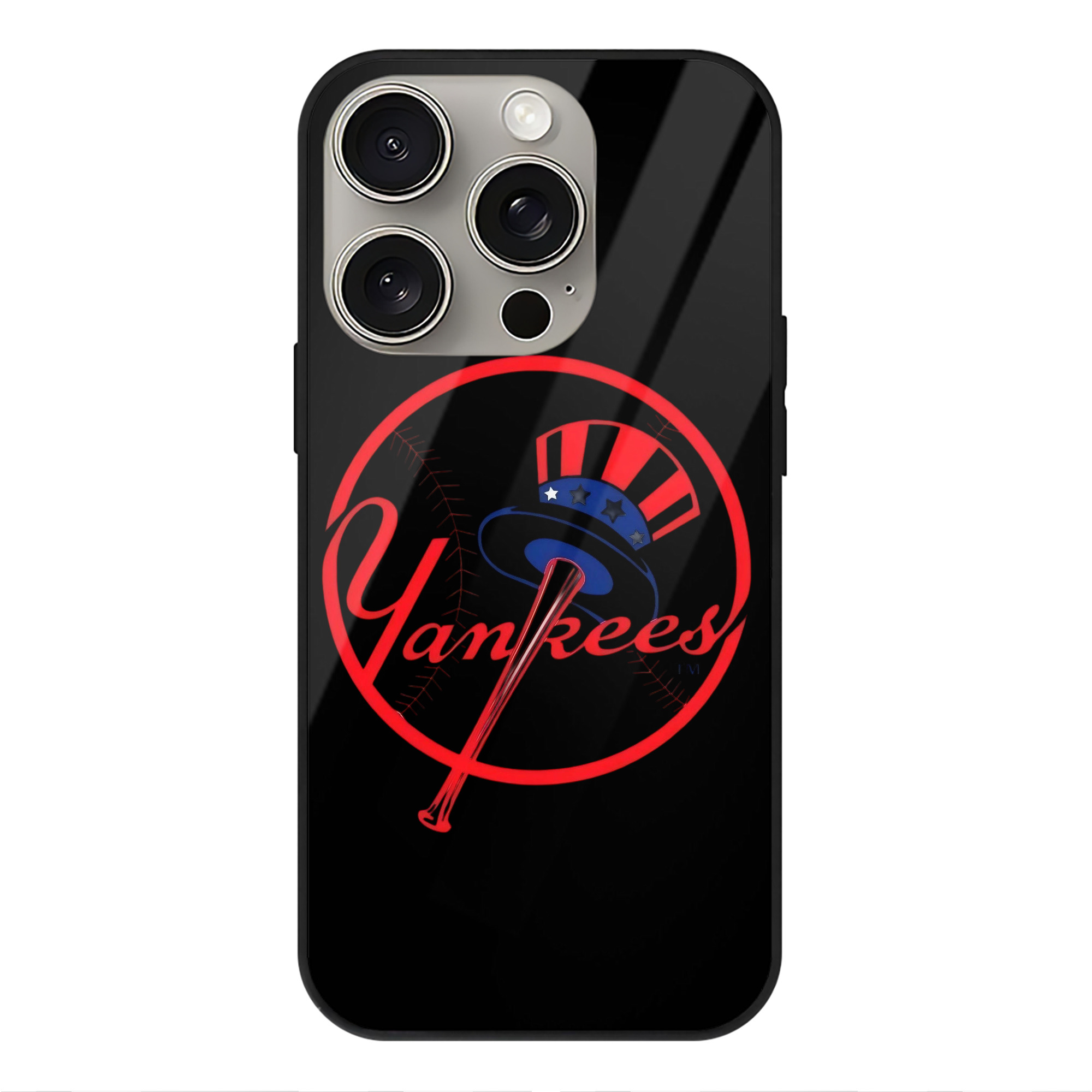 New York Yankees Logo IPhone 15 Pro Mirror Phone Case – UV Printed Glass + TPU – Scratch-Resistant, Wireless Charging Compatible, Precise Fit & Stylish Design