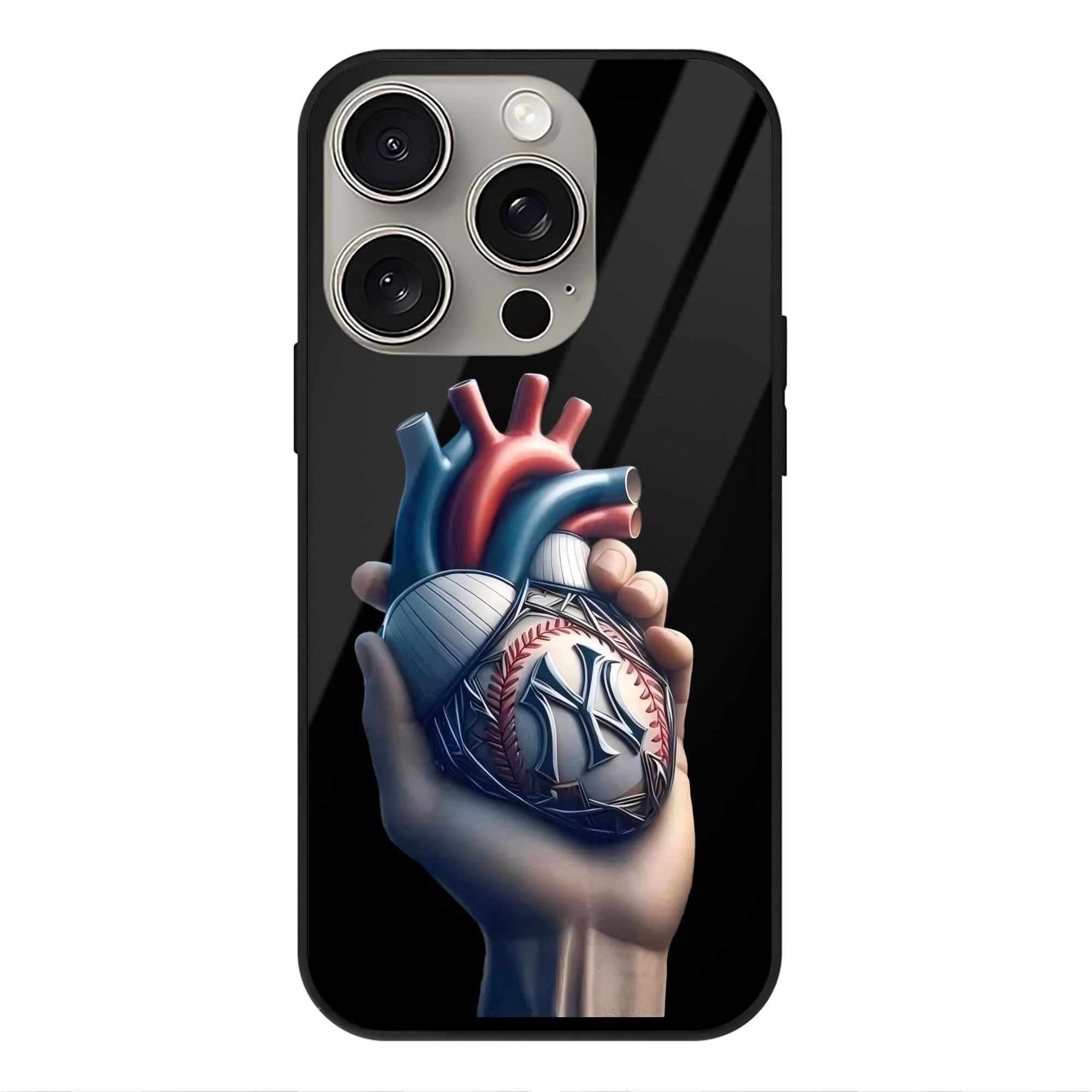 New York Yankees Heart IPhone 15 Pro Mirror Phone Case – UV Printed Glass + TPU – Scratch-Resistant, Wireless Charging Compatible, Precise Fit & Stylish Design