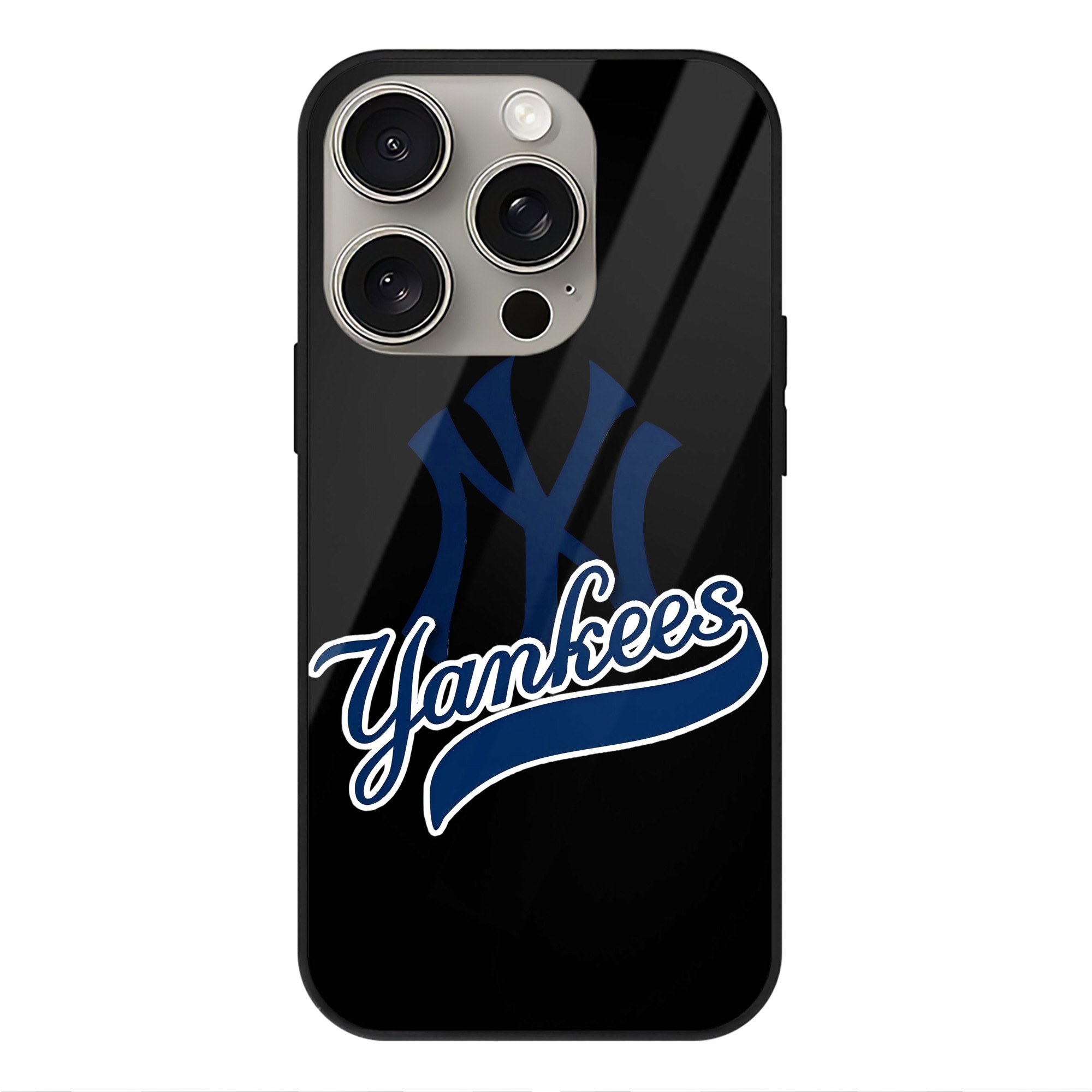 New York Yankees Blue Logo IPhone 15 Pro Mirror Phone Case – UV Printed Glass + TPU – Scratch-Resistant, Wireless Charging Compatible, Precise Fit & Stylish Design