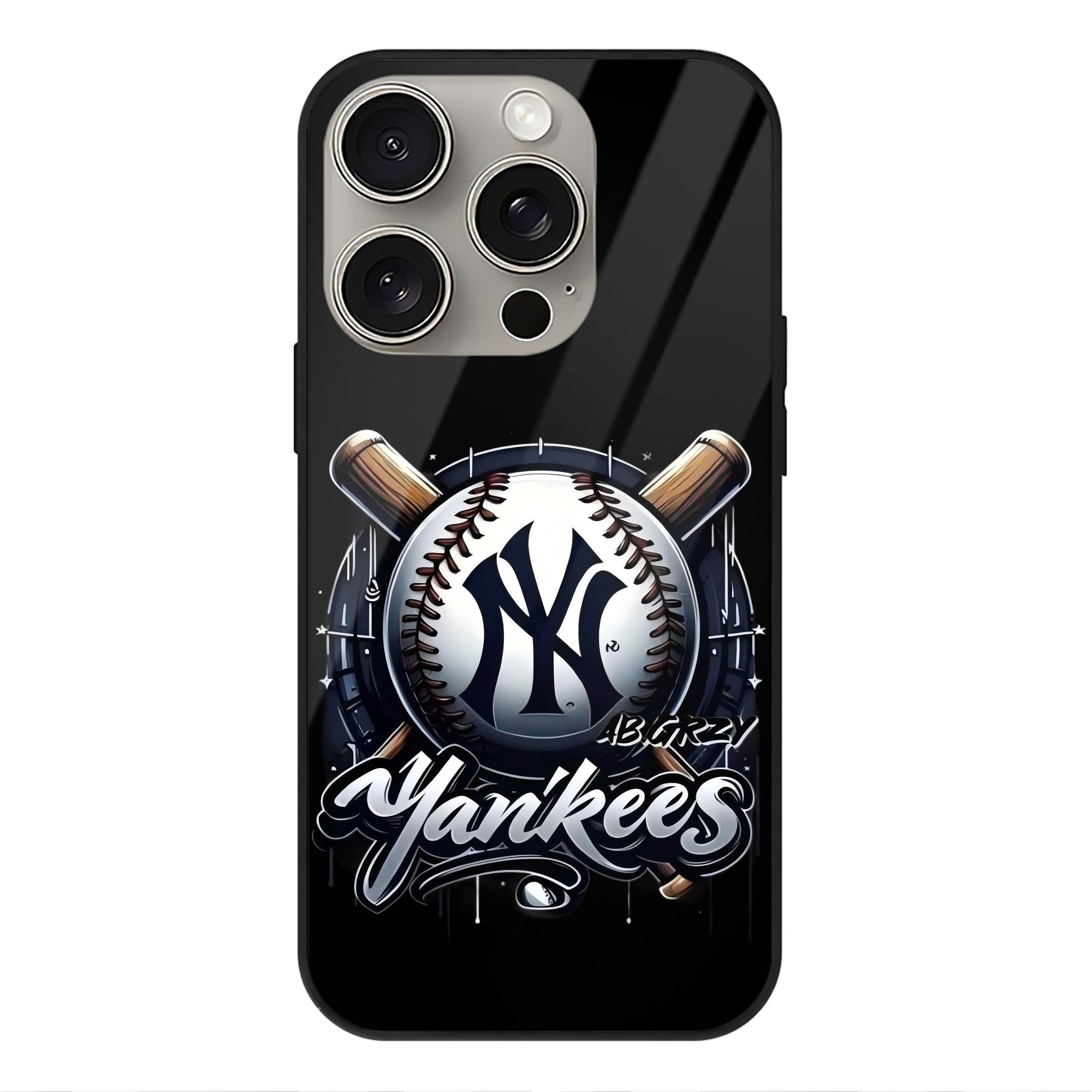 New York Yankees Baseball IPhone 15 Pro Mirror Phone Case – UV Printed Glass + TPU – Scratch-Resistant, Wireless Charging Compatible, Precise Fit & Stylish Design