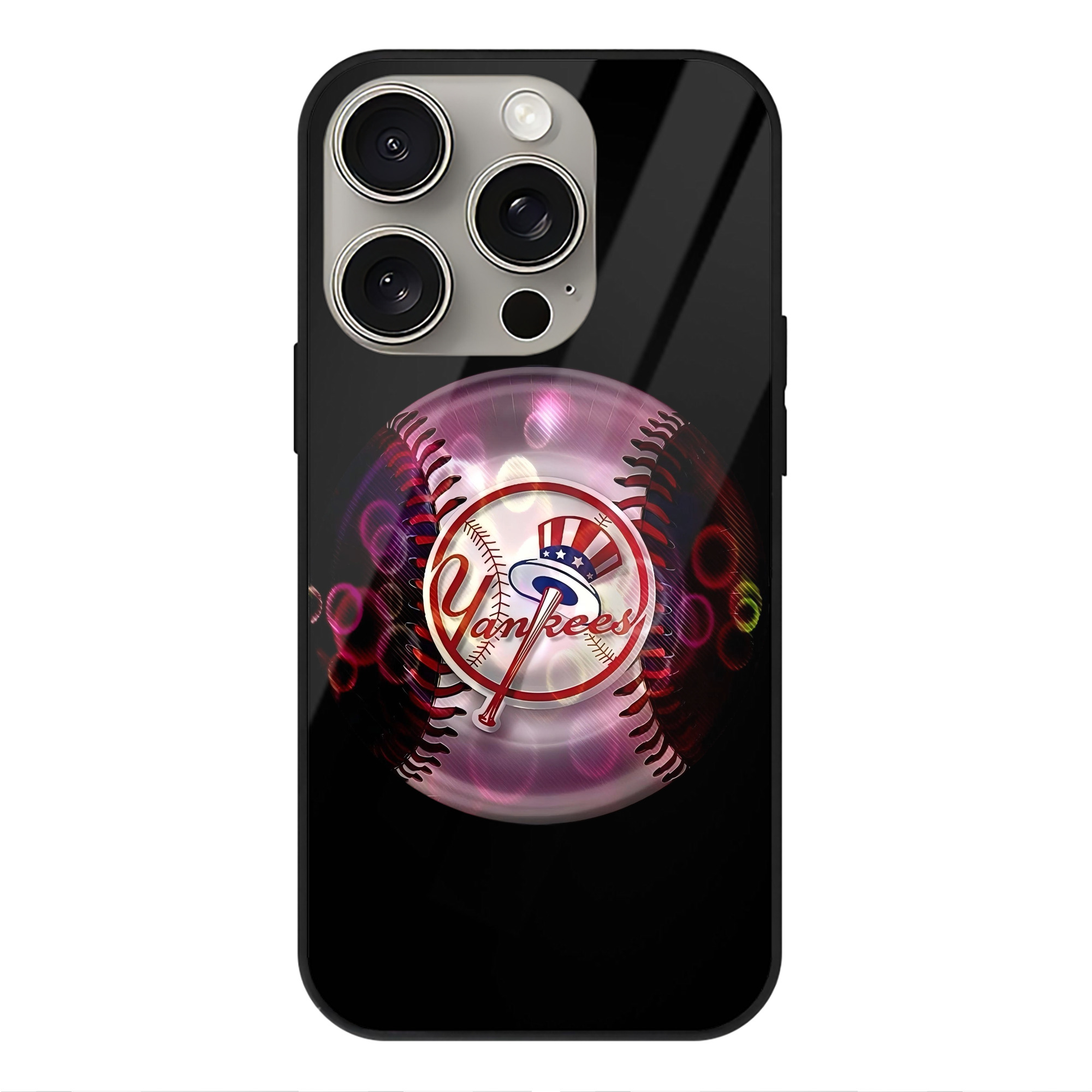 New York Yankees Colorful Logo IPhone 15 Pro Mirror Phone Case – UV Printed Glass + TPU – Scratch-Resistant, Wireless Charging Compatible, Precise Fit & Stylish Design