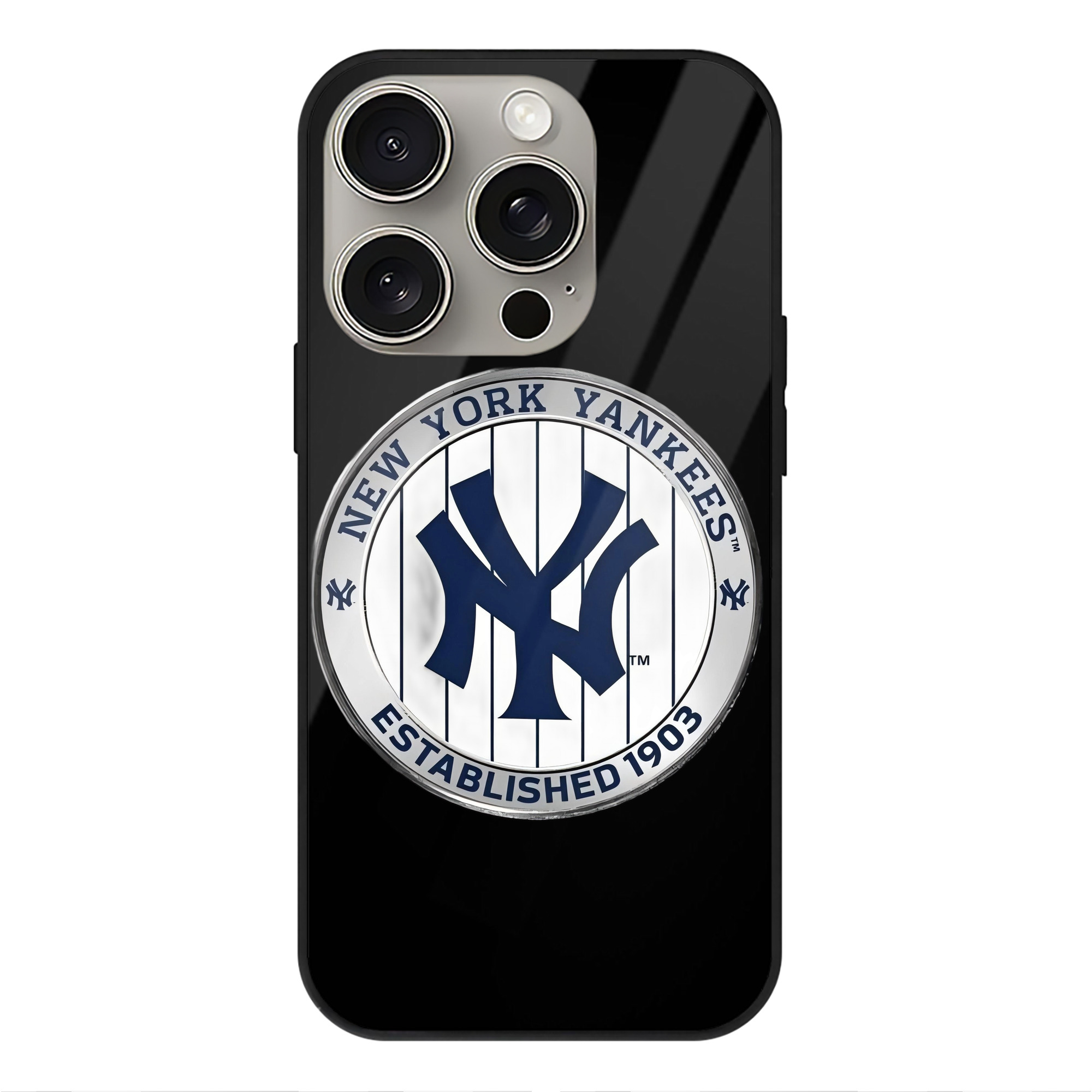New York Yankees Established 1903 IPhone 15 Pro Mirror Phone Case – UV Printed Glass + TPU – Scratch-Resistant, Wireless Charging Compatible, Precise Fit & Stylish Design