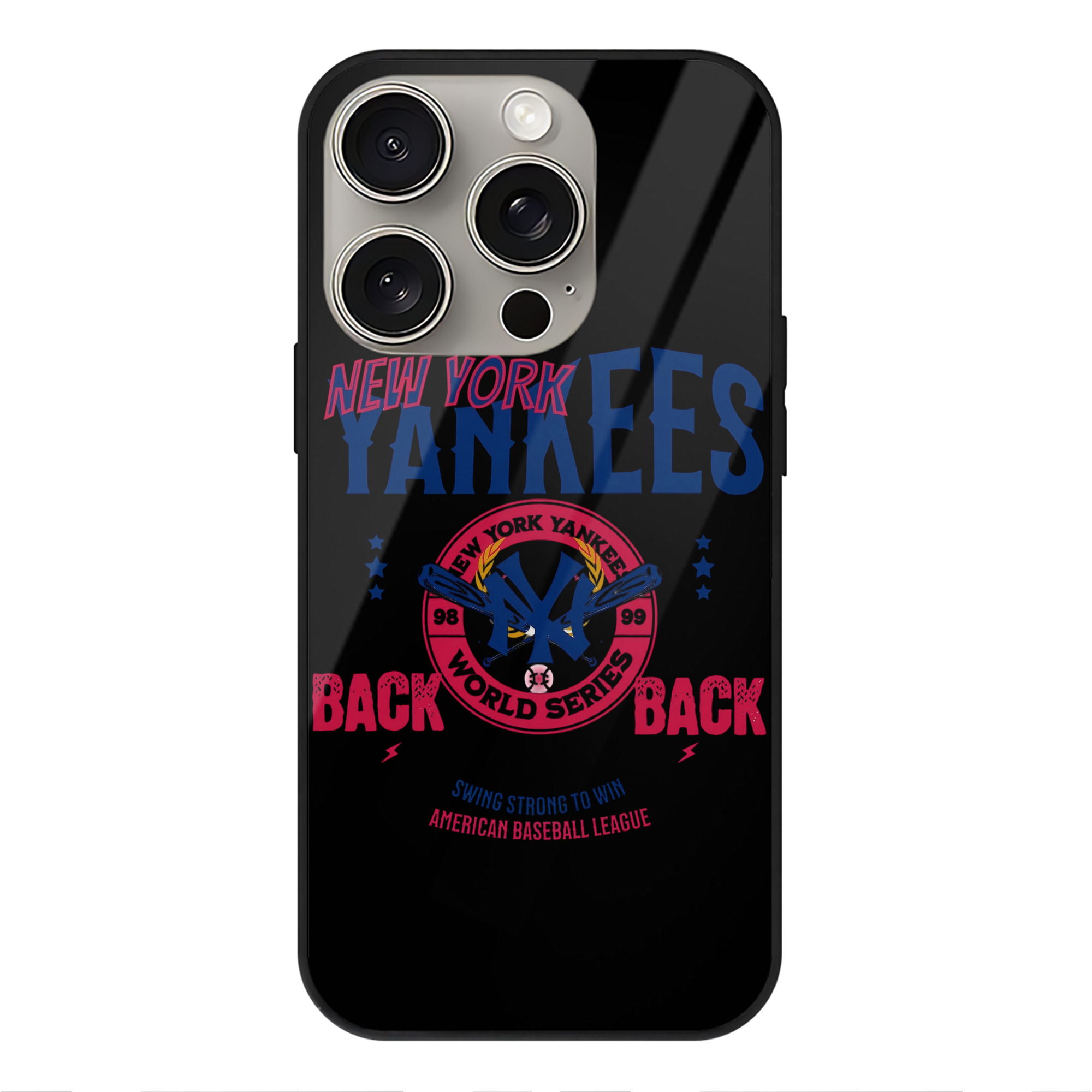 New York Yankees WS Back 2 Back 98-99 IPhone 15 Pro Mirror Phone Case – UV Printed Glass + TPU – Scratch-Resistant, Wireless Charging Compatible, Precise Fit & Stylish Design