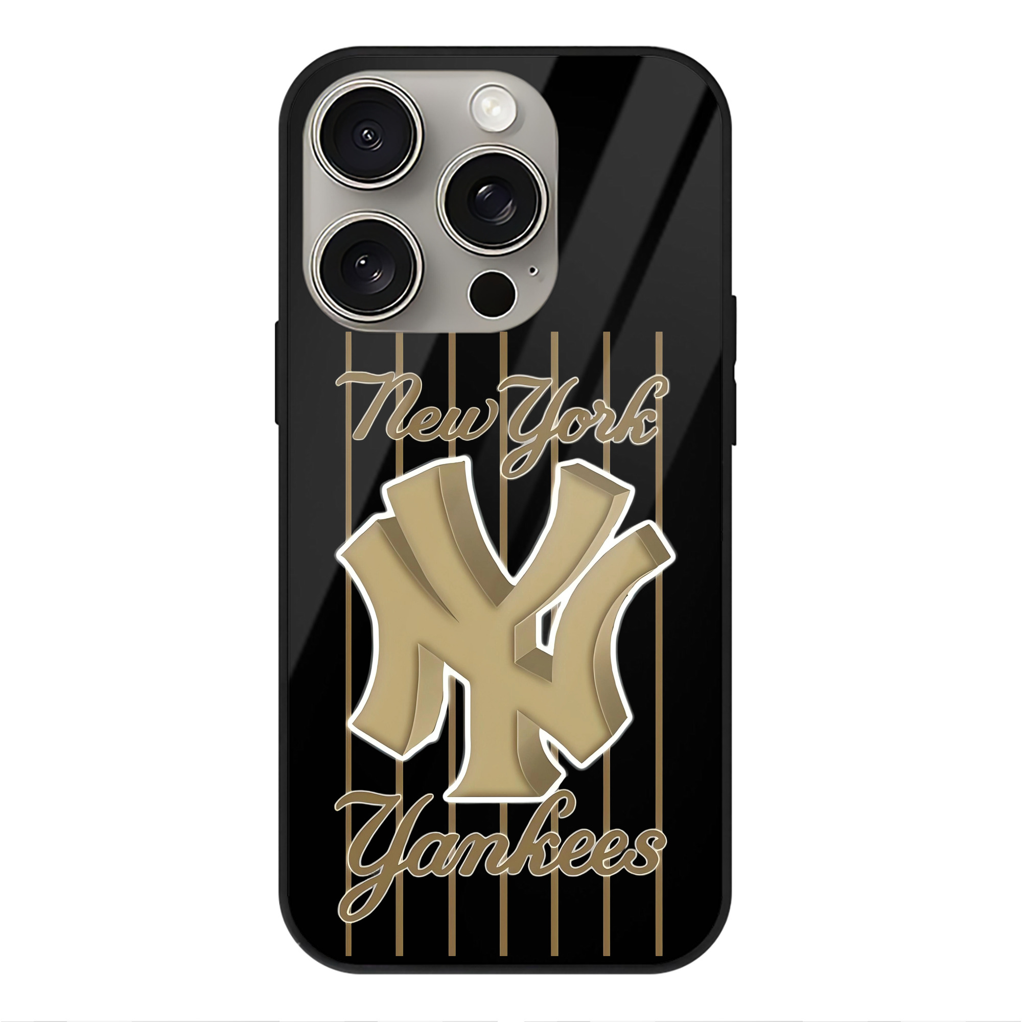New York Yankees Pinstripe Golden Logo IPhone 15 Pro Mirror Phone Case – UV Printed Glass + TPU – Scratch-Resistant, Wireless Charging Compatible, Precise Fit & Stylish Design