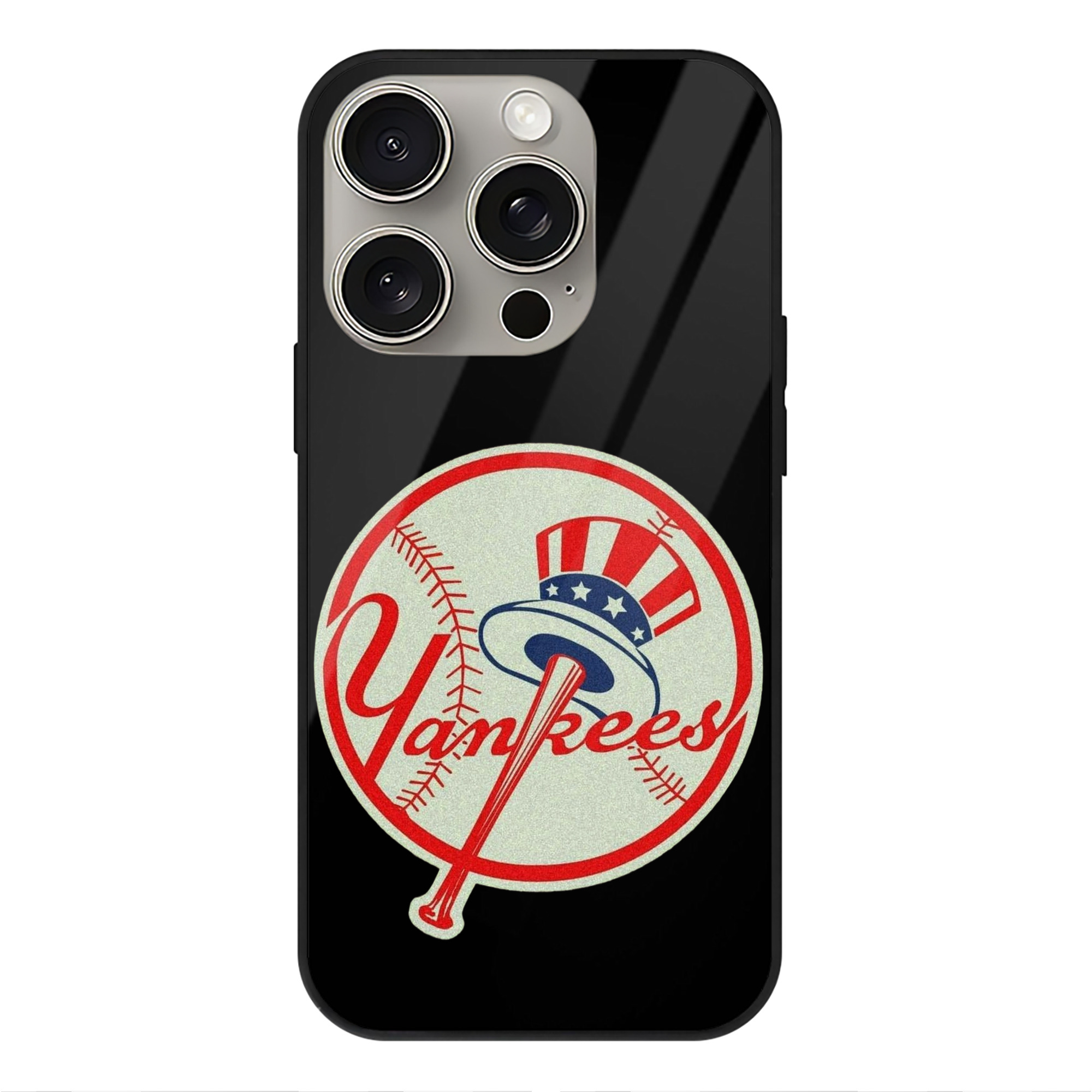 New York Yankees Logo IPhone 15 Pro Mirror Phone Case – UV Printed Glass + TPU – Scratch-Resistant, Wireless Charging Compatible, Precise Fit & Stylish Design