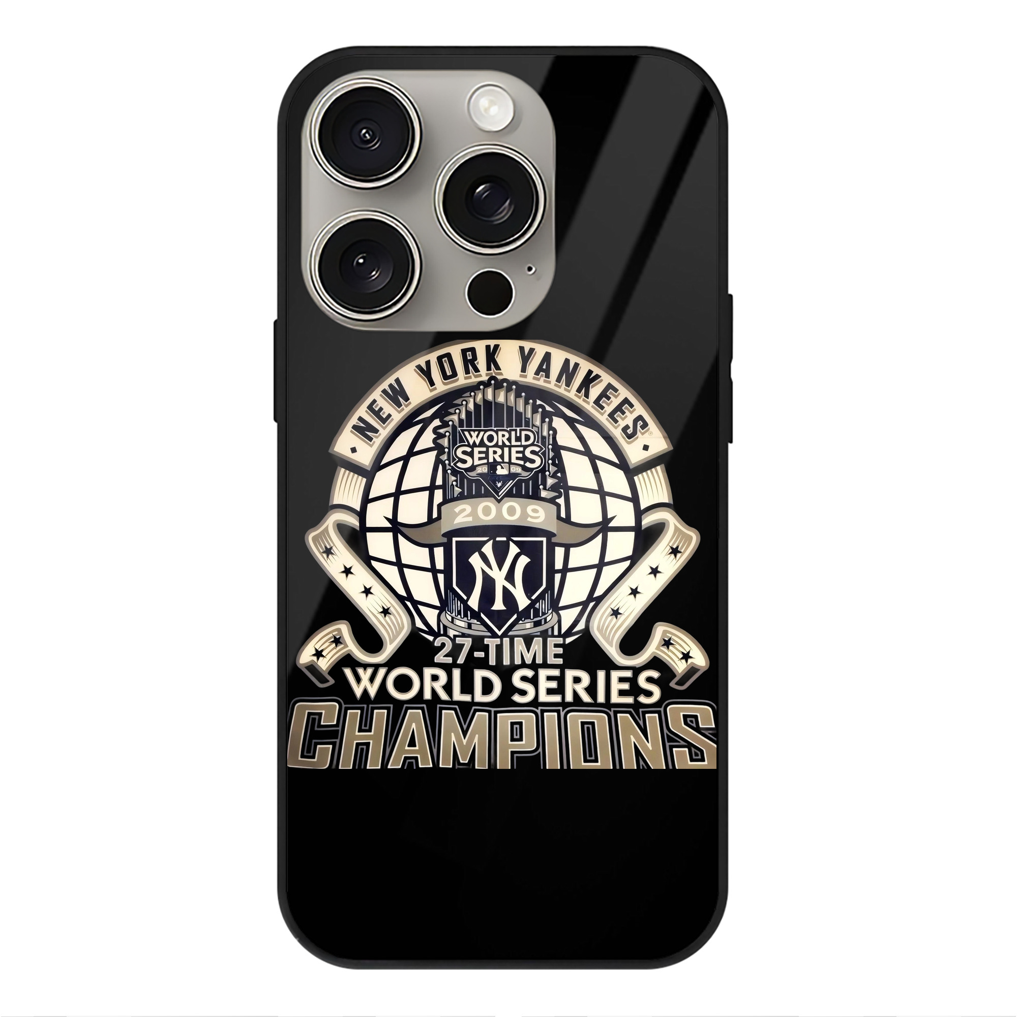 New York Yankees 2009 27th WS Champions Golden IPhone 15 Pro Mirror Phone Case – UV Printed Glass + TPU – Scratch-Resistant, Wireless Charging Compatible, Precise Fit & Stylish Design