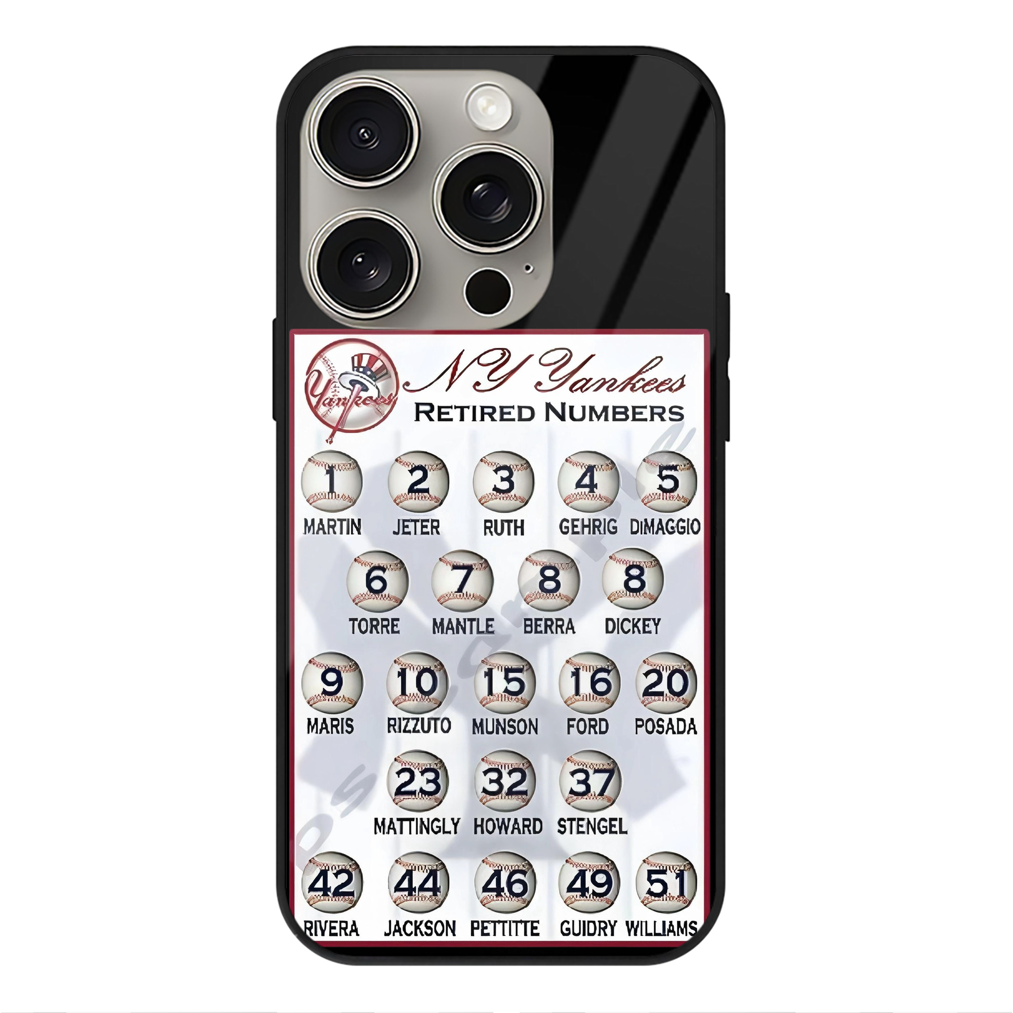 New York Yankees Retired Numbers IPhone 15 Pro Mirror Phone Case – UV Printed Glass + TPU – Scratch-Resistant, Wireless Charging Compatible, Precise Fit & Stylish Design