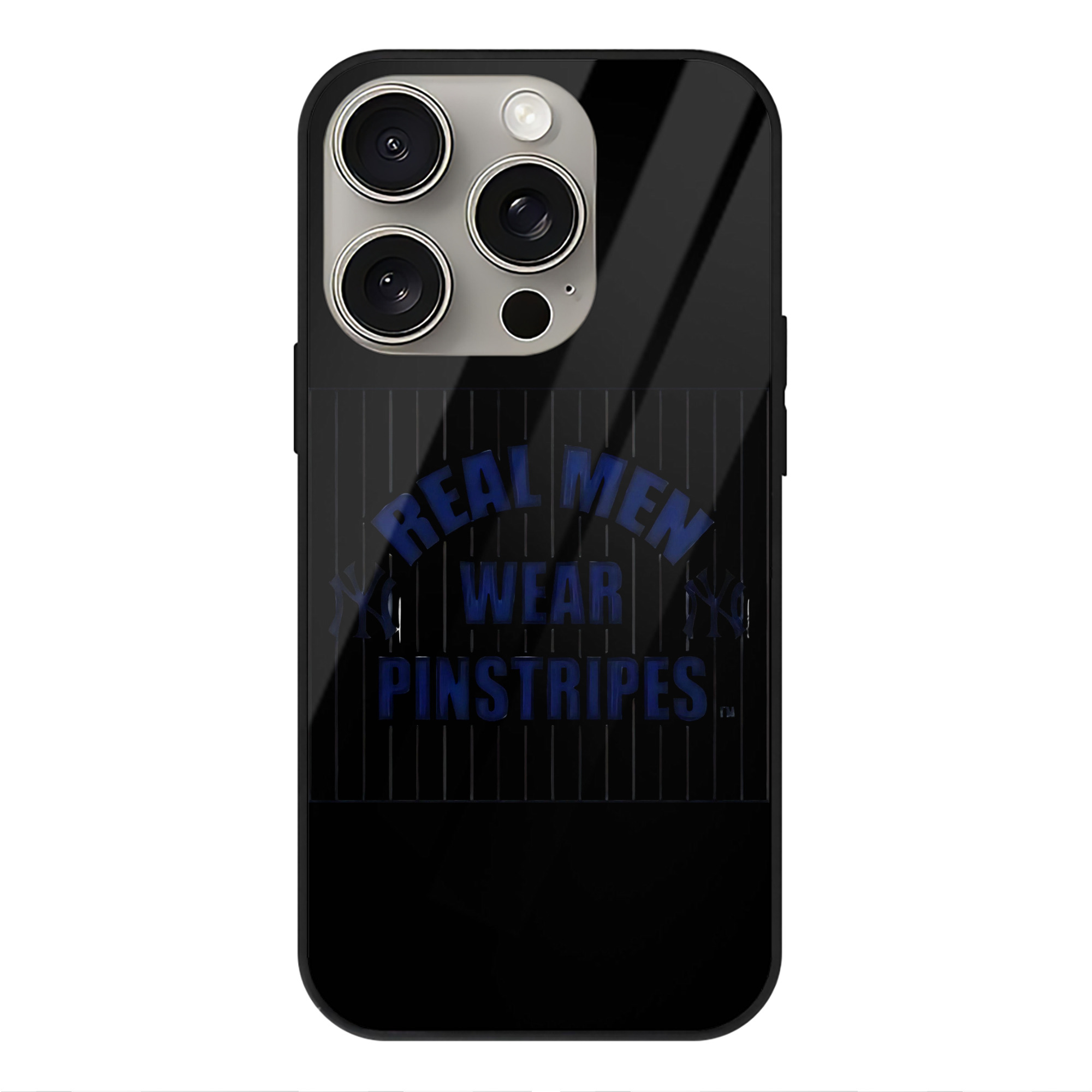 New York Yankees Real Men Wear Pinstripes IPhone 15 Pro Mirror Phone Case – UV Printed Glass + TPU – Scratch-Resistant, Wireless Charging Compatible, Precise Fit & Stylish Design