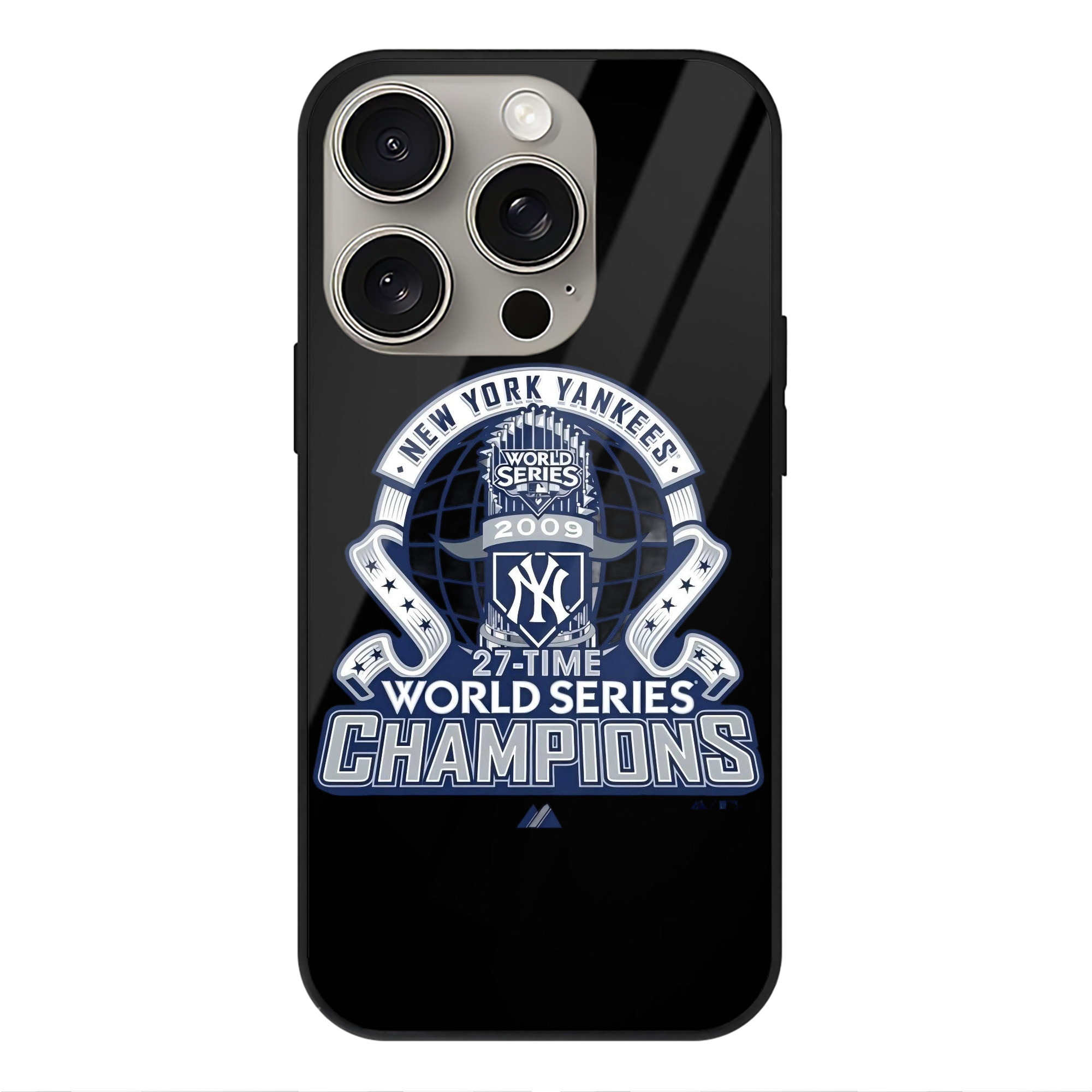 New York Yankees 2009 27th WS Champions Blue IPhone 15 Pro Mirror Phone Case – UV Printed Glass + TPU – Scratch-Resistant, Wireless Charging Compatible, Precise Fit & Stylish Design