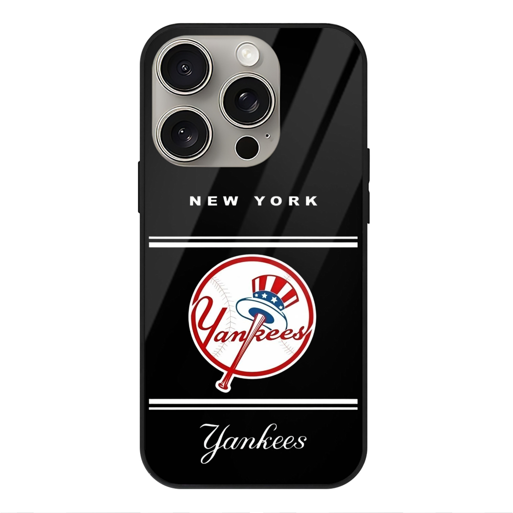 New York Yankees Logo IPhone 15 Pro Mirror Phone Case – UV Printed Glass + TPU – Scratch-Resistant, Wireless Charging Compatible, Precise Fit & Stylish Design
