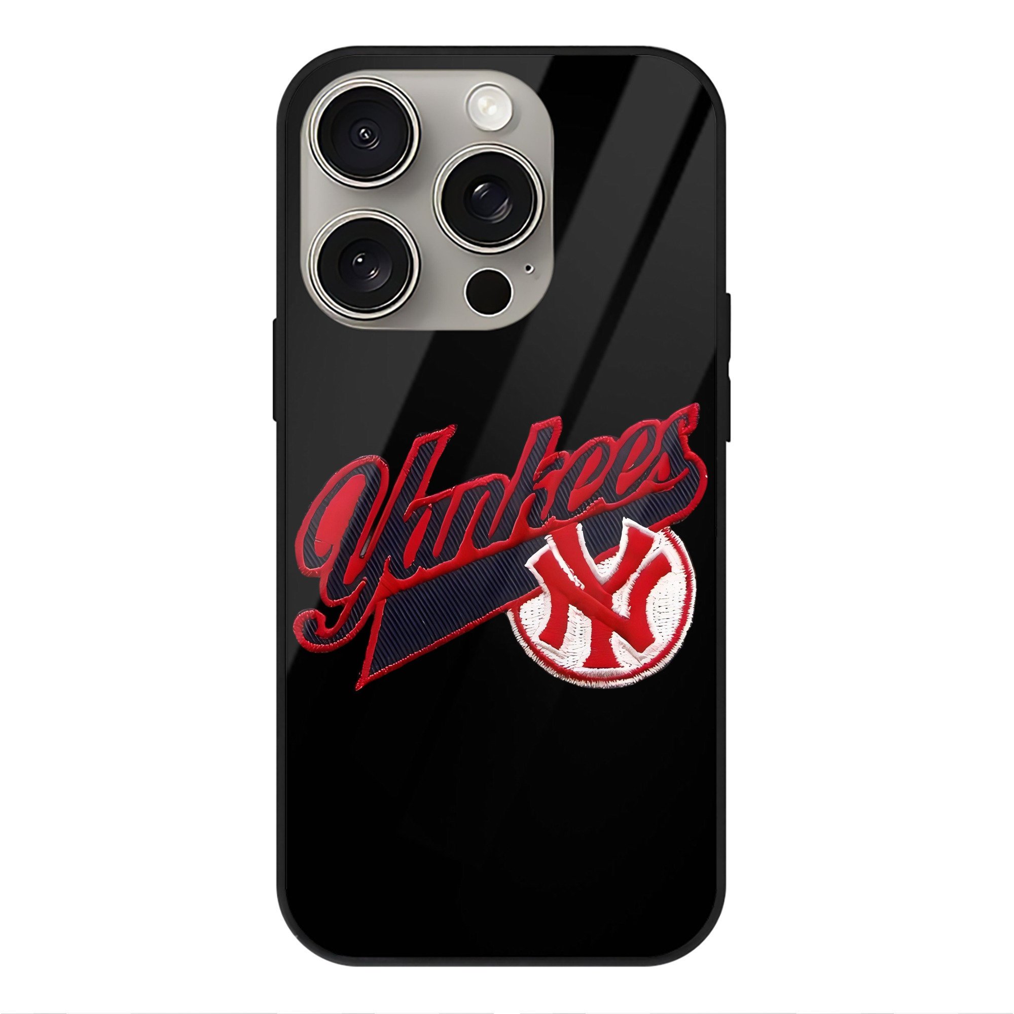 New York Yankees 77 IPhone 15 Pro Mirror Phone Case – UV Printed Glass + TPU – Scratch-Resistant, Wireless Charging Compatible, Precise Fit & Stylish Design