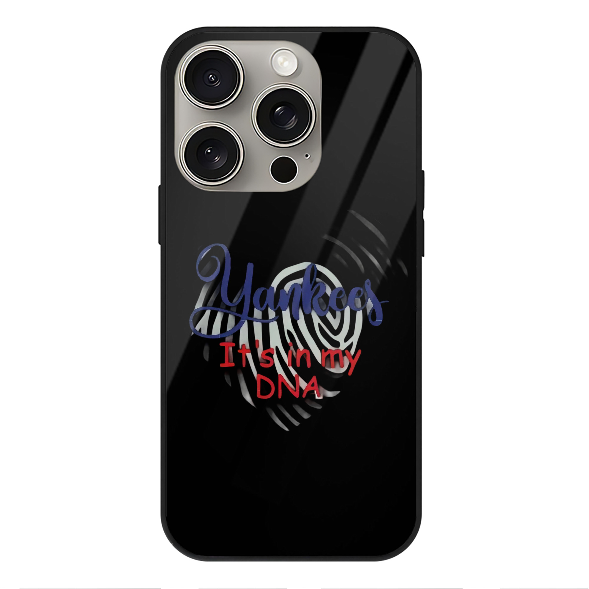 New York Yankees It's In My DNA IPhone 15 Pro Mirror Phone Case – UV Printed Glass + TPU – Scratch-Resistant, Wireless Charging Compatible, Precise Fit & Stylish Design