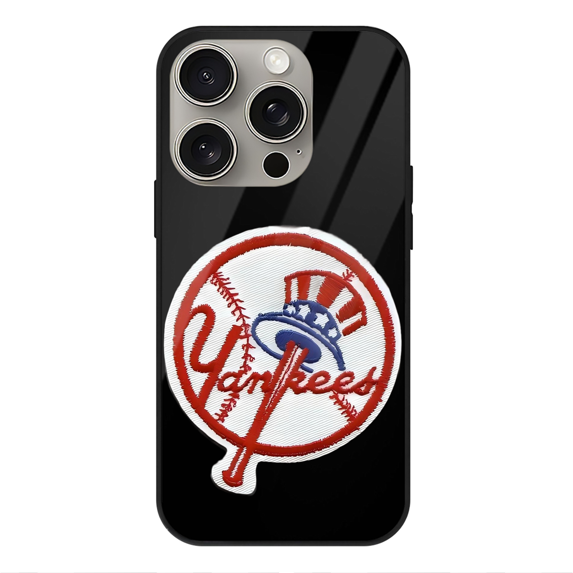 New York Yankees LOGO IPhone 15 Pro Mirror Phone Case – UV Printed Glass + TPU – Scratch-Resistant, Wireless Charging Compatible, Precise Fit & Stylish Design