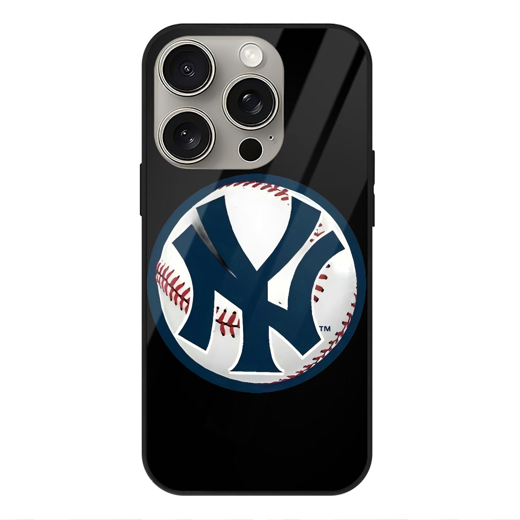 New York Yankees Baseball IPhone 15 Pro Mirror Phone Case – UV Printed Glass + TPU – Scratch-Resistant, Wireless Charging Compatible, Precise Fit & Stylish Design