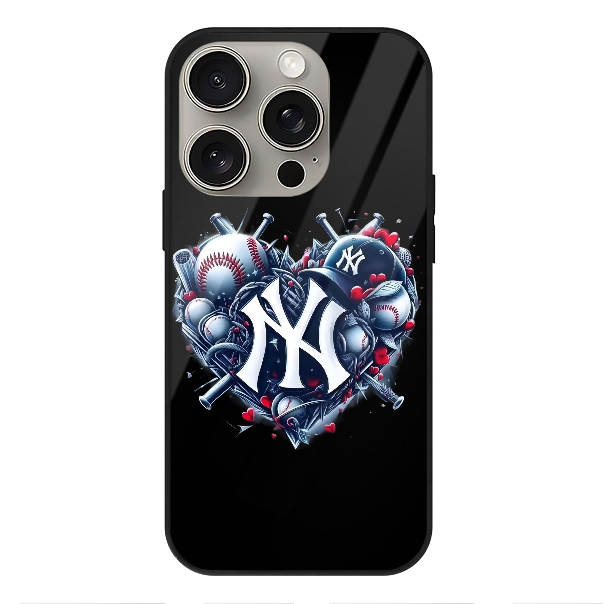 New York Yankees Heart IPhone 15 Pro Mirror Phone Case – UV Printed Glass + TPU – Scratch-Resistant, Wireless Charging Compatible, Precise Fit & Stylish Design