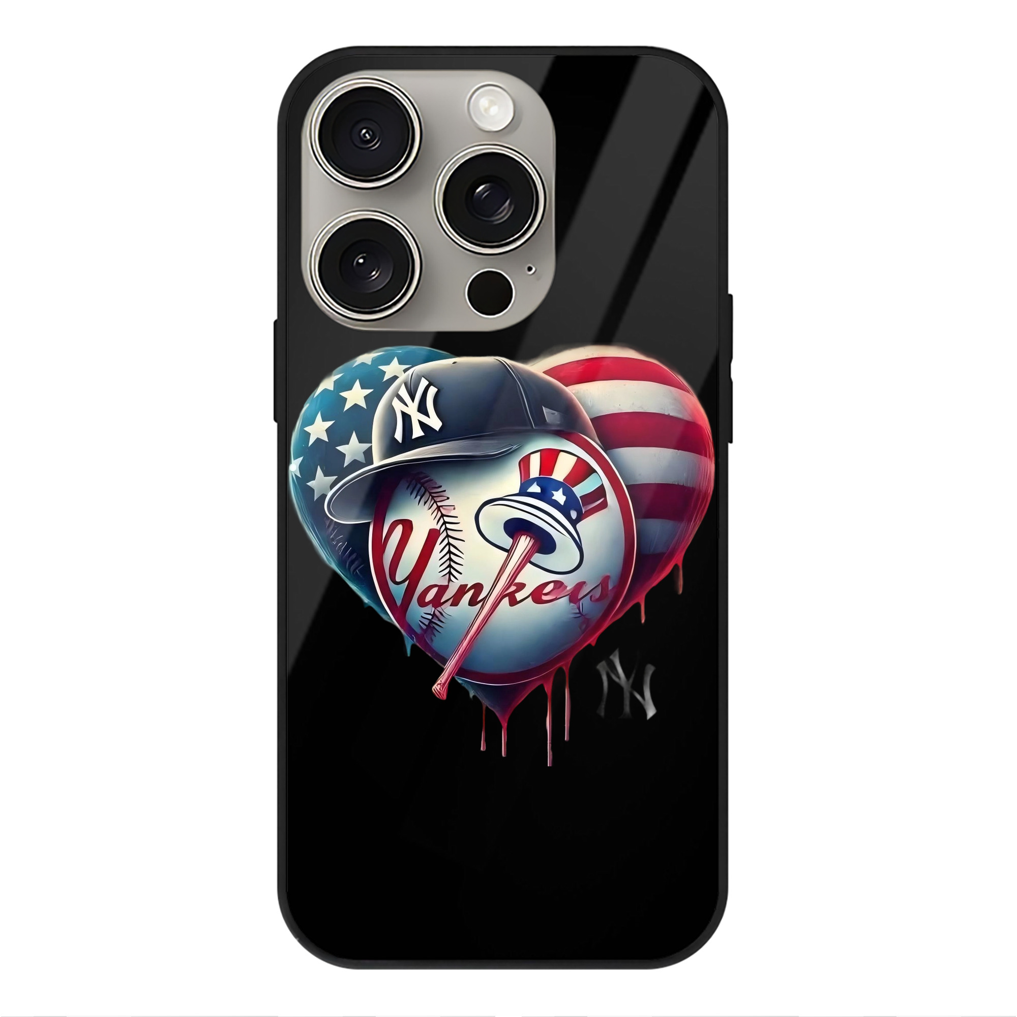 New York Yankees Heart IPhone 15 Pro Mirror Phone Case – UV Printed Glass + TPU – Scratch-Resistant, Wireless Charging Compatible, Precise Fit & Stylish Design