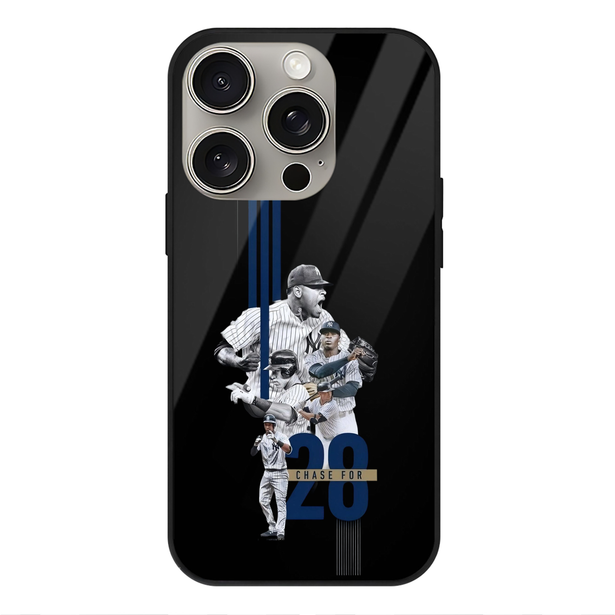 New York Yankees Chase For 28 IPhone 15 Pro Mirror Phone Case – UV Printed Glass + TPU – Scratch-Resistant, Wireless Charging Compatible, Precise Fit & Stylish Design