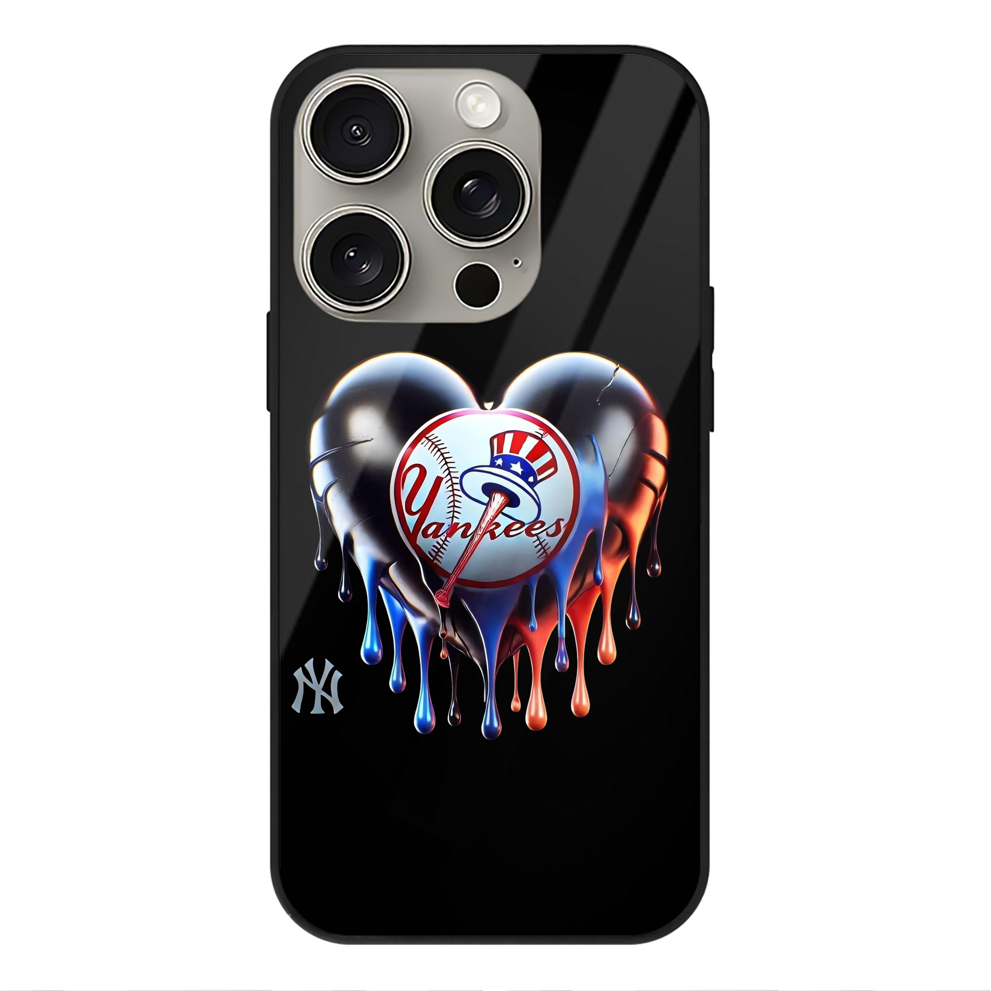 New York Yankees Heart IPhone 15 Pro Mirror Phone Case – UV Printed Glass + TPU – Scratch-Resistant, Wireless Charging Compatible, Precise Fit & Stylish Design
