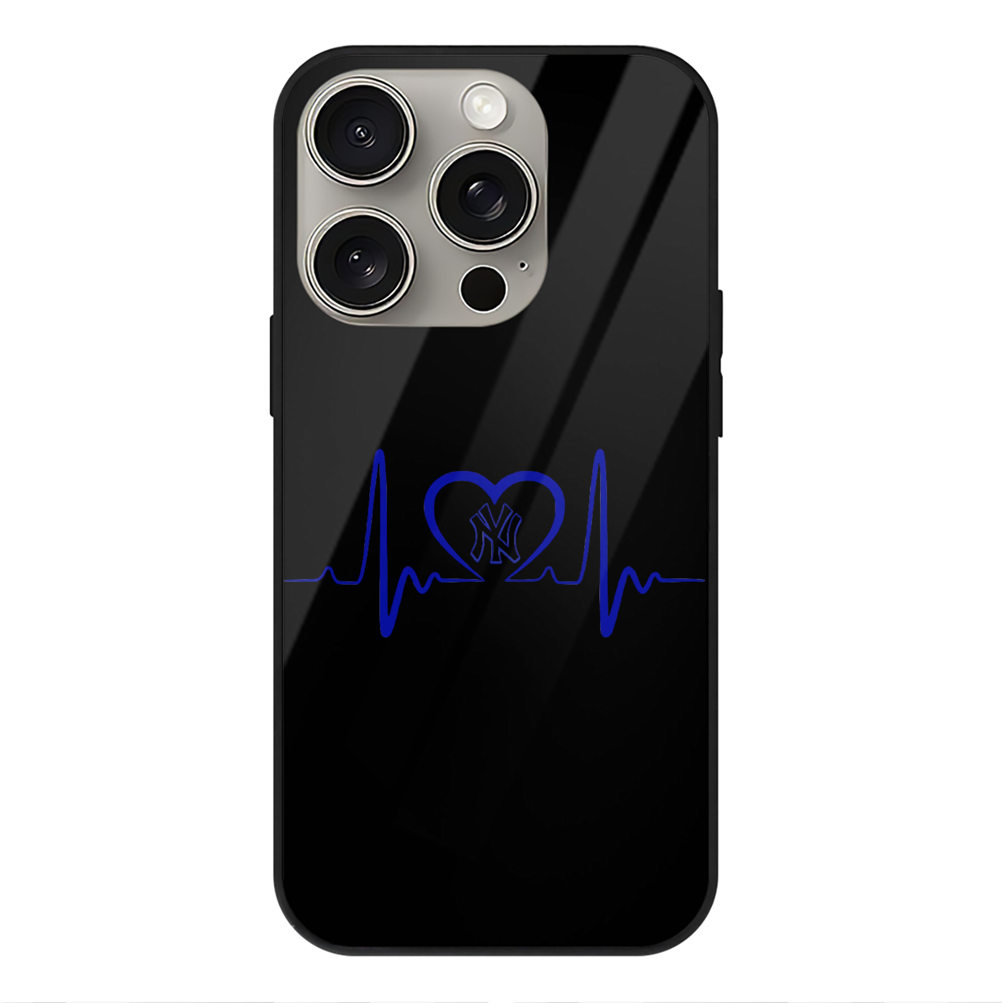 New York Yankees EKG Heart Line IPhone 15 Pro Mirror Phone Case – UV Printed Glass + TPU – Scratch-Resistant, Wireless Charging Compatible, Precise Fit & Stylish Design