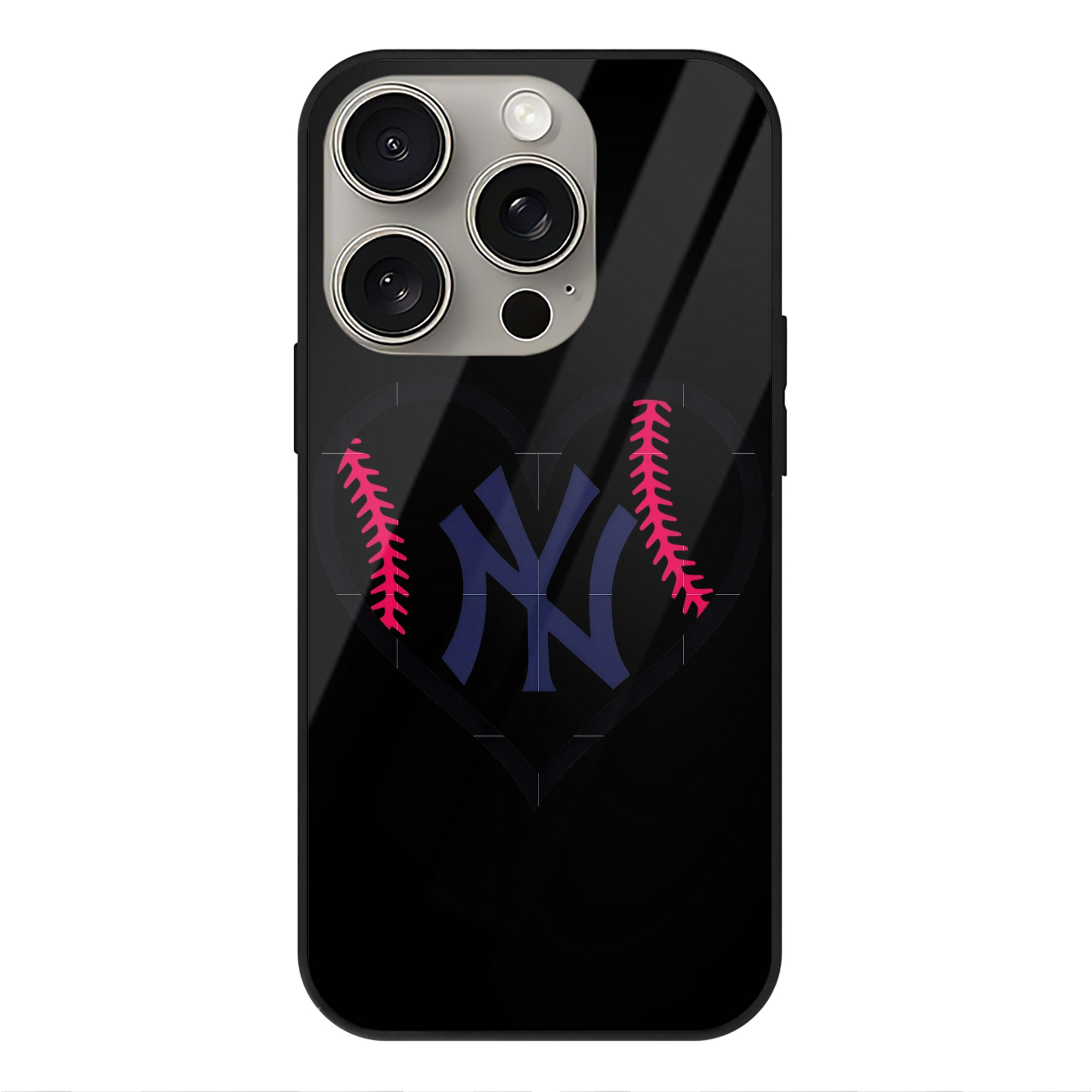 New York Yankees Heart IPhone 15 Pro Mirror Phone Case – UV Printed Glass + TPU – Scratch-Resistant, Wireless Charging Compatible, Precise Fit & Stylish Design