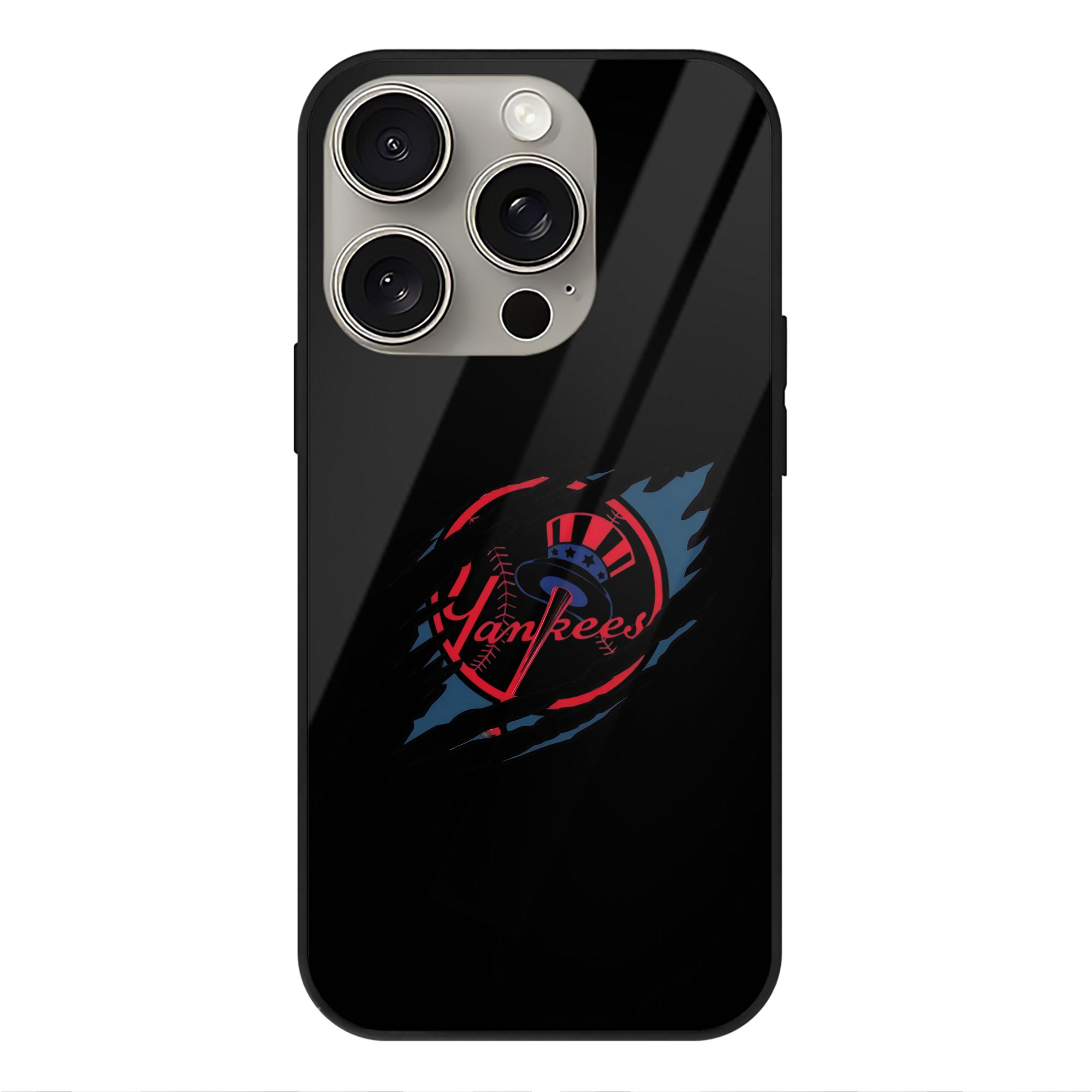 New York Yankees Claw Logo IPhone 15 Pro Mirror Phone Case – UV Printed Glass + TPU – Scratch-Resistant, Wireless Charging Compatible, Precise Fit & Stylish Design