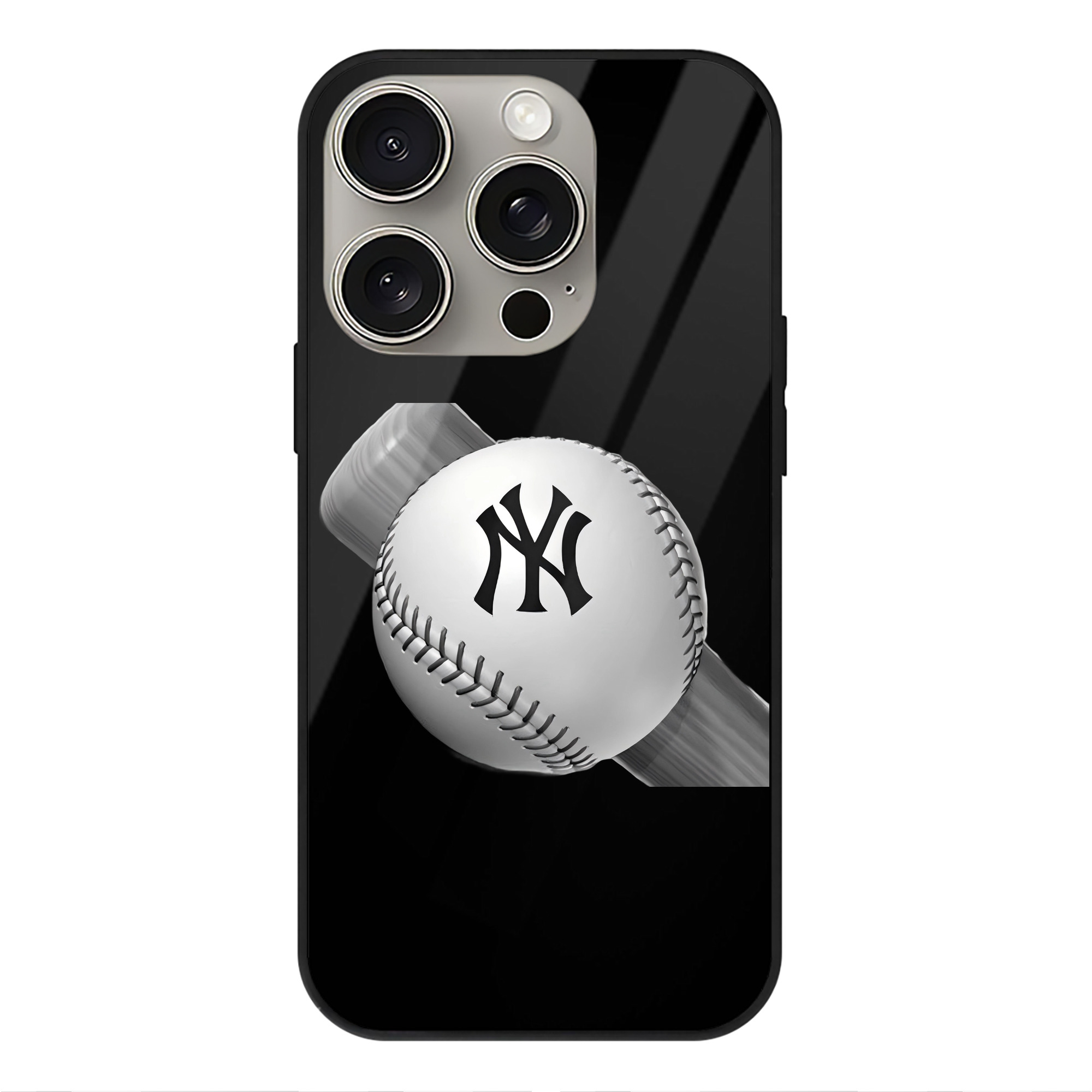 New York Yankees Baseball IPhone 15 Pro Mirror Phone Case – UV Printed Glass + TPU – Scratch-Resistant, Wireless Charging Compatible, Precise Fit & Stylish Design