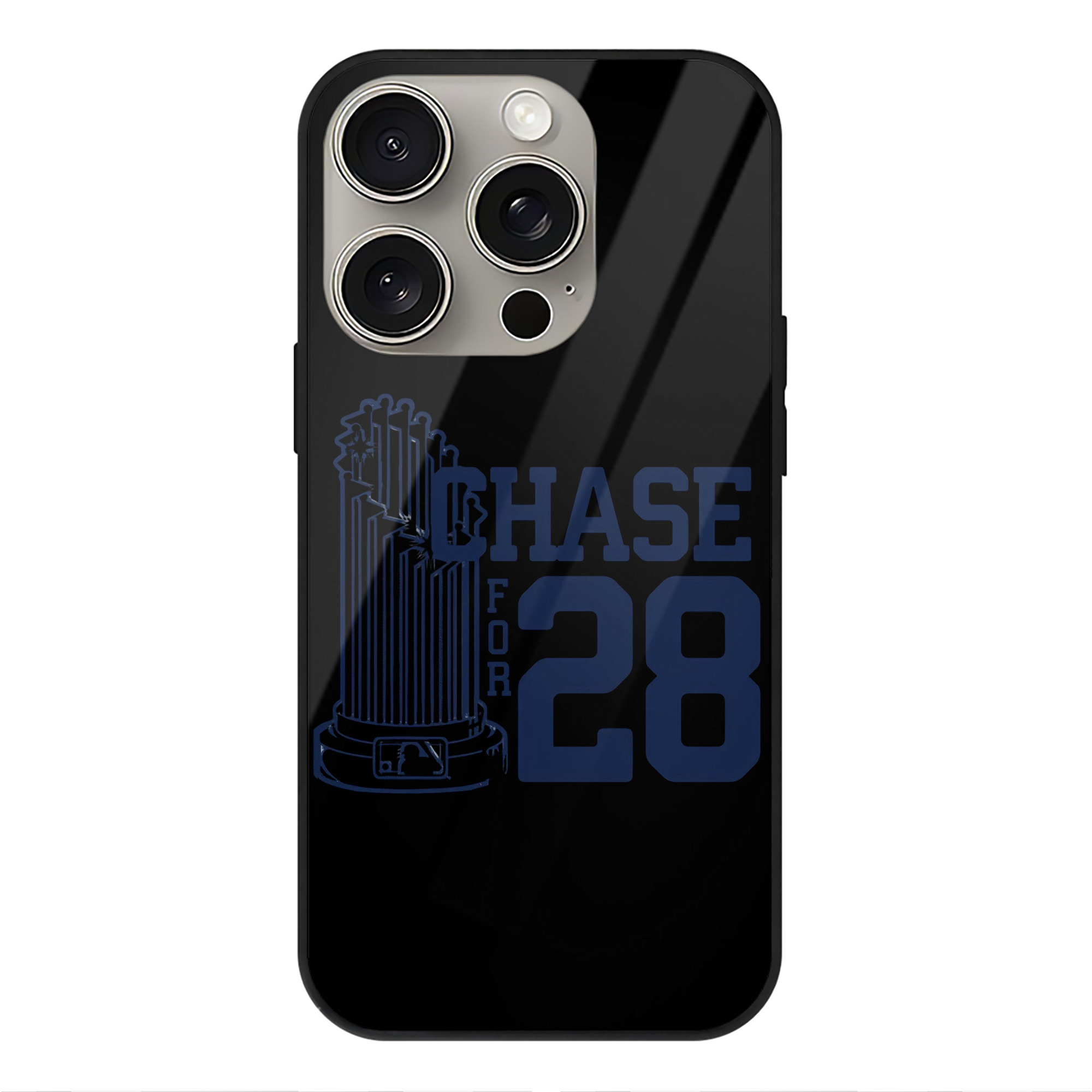 New York Yankees Chase For 28 IPhone 15 Pro Mirror Phone Case – UV Printed Glass + TPU – Scratch-Resistant, Wireless Charging Compatible, Precise Fit & Stylish Design